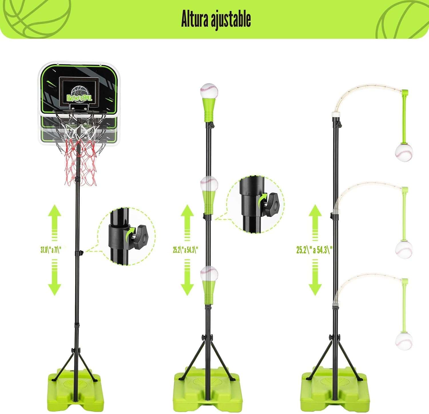 centro deportivo 4 en 1 aro basquetbol beisbol lanzador automatico marcador led juguete niños 3 a 8 años ajustable 180cm chile