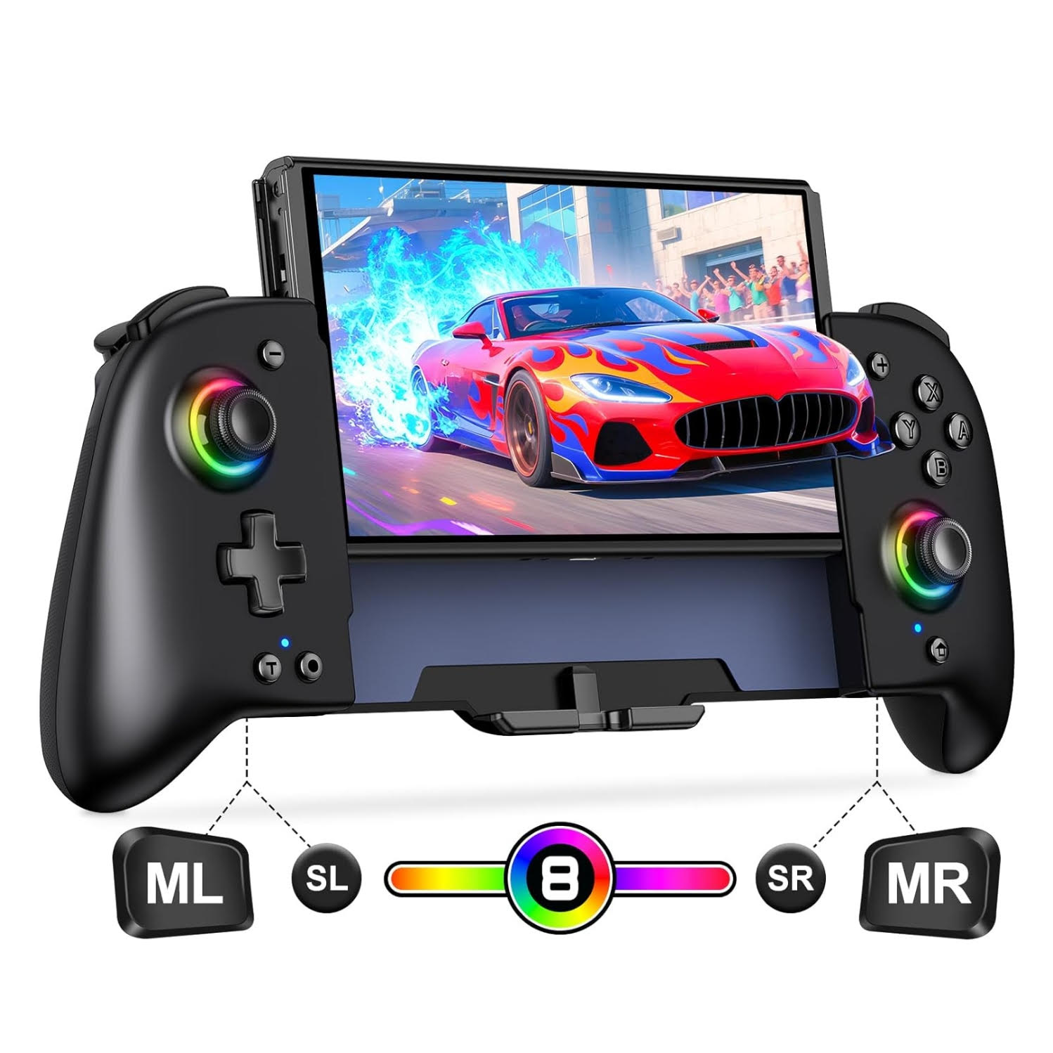 Control inalambrico Gammeefy de una pieza para Nintendo Switch y Oled color negro con luces led y agarre ergonomico