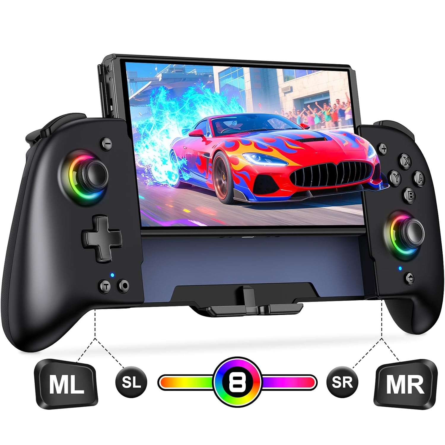 Control inalambrico Gammeefy de una pieza para Nintendo Switch y Oled color negro con luces led y agarre ergonomico