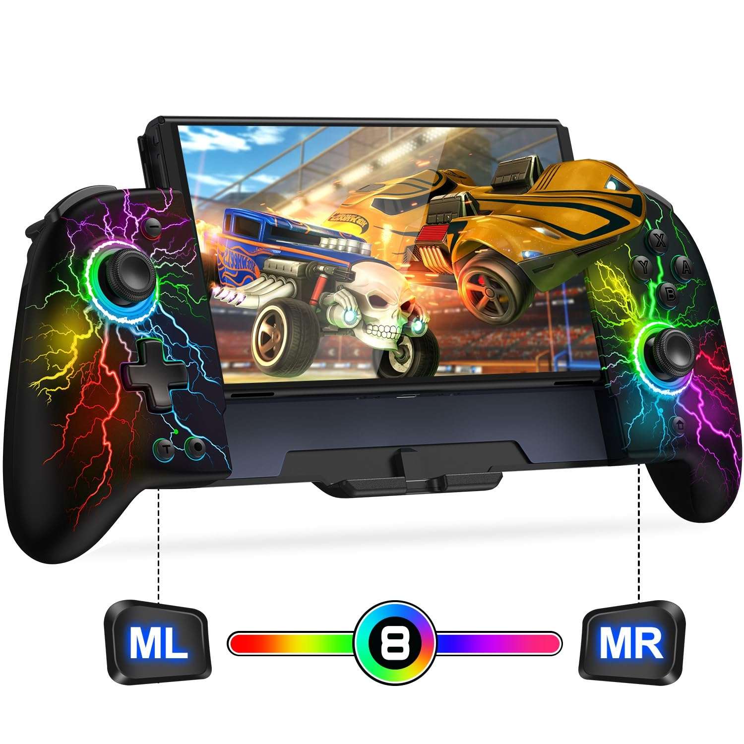 Control inalambrico Gammeefy de una pieza para Nintendo Switch y Oled color negro con luces led y agarre ergonomico