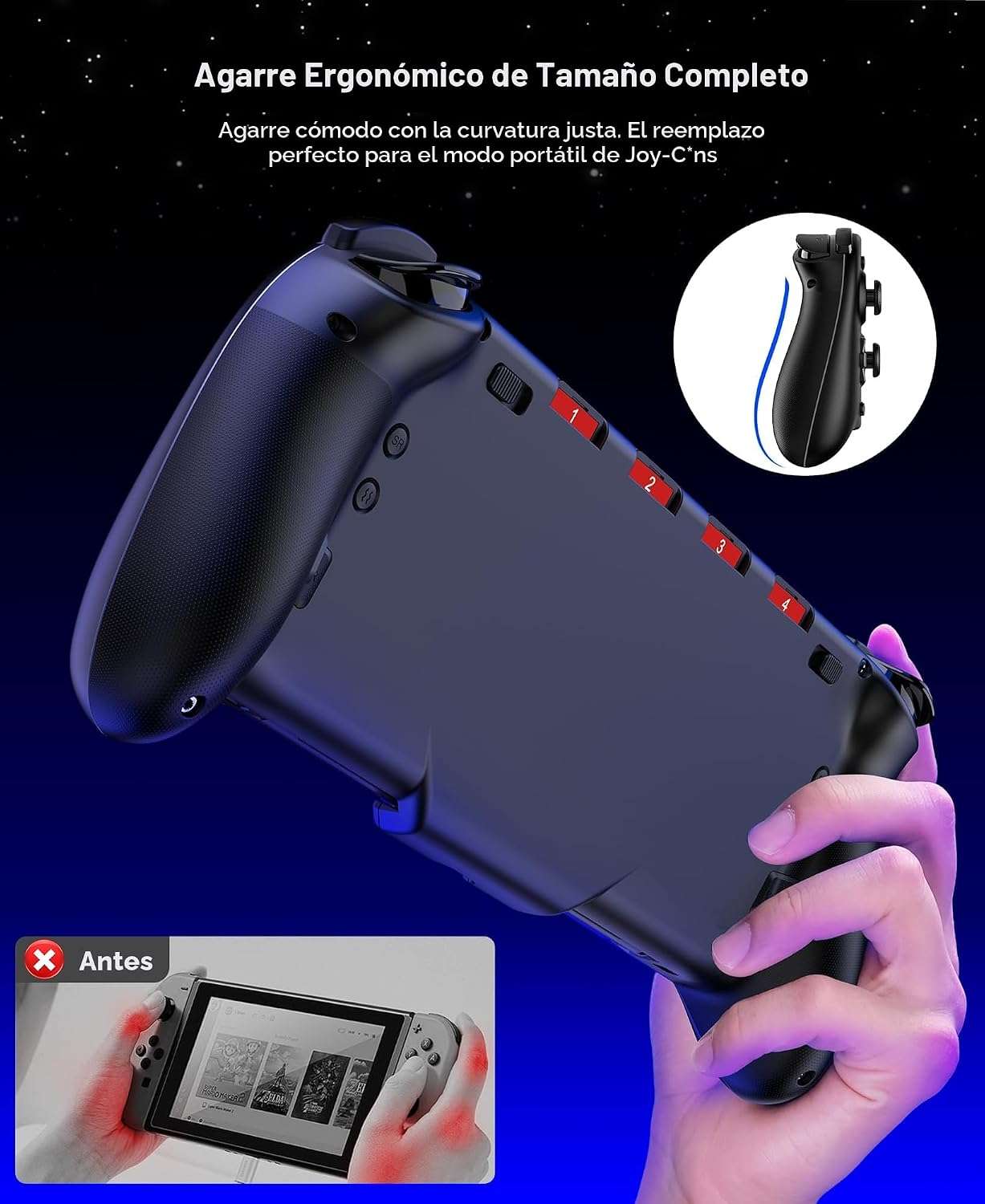 Control inalambrico Gammeefy de una pieza para Nintendo Switch y Oled color negro con luces led y agarre ergonomico