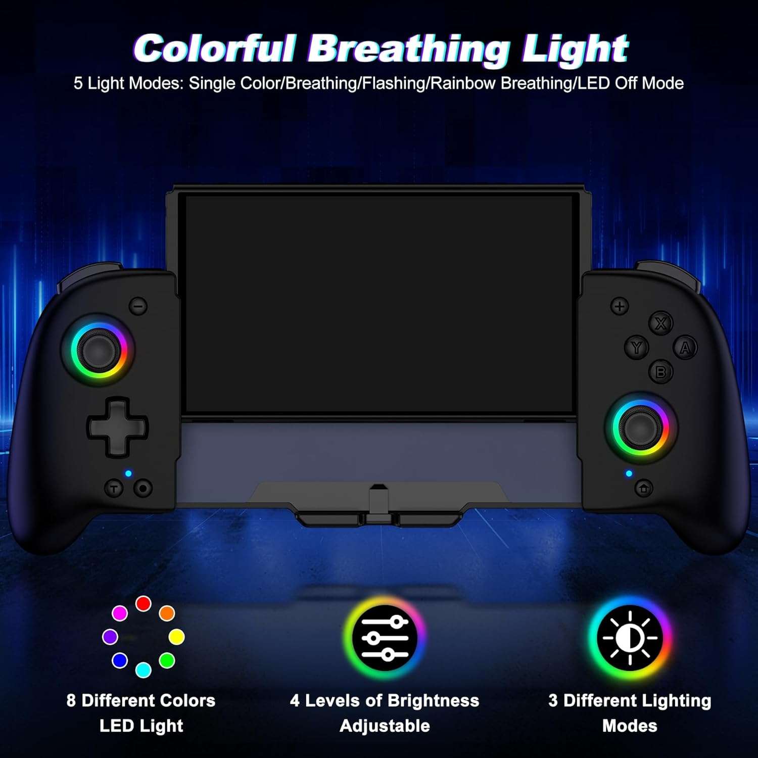 Control inalambrico Gammeefy de una pieza para Nintendo Switch y Oled color negro con luces led y agarre ergonomico