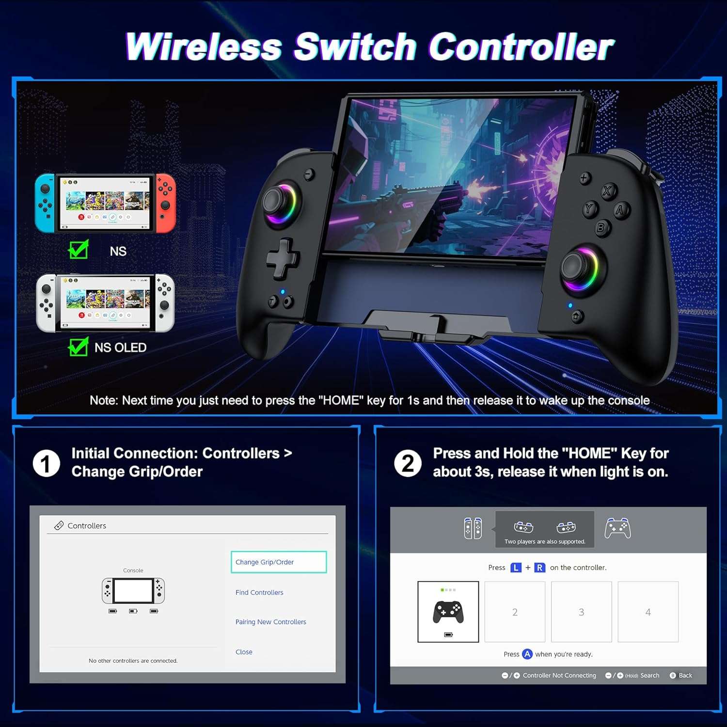 Control inalambrico Gammeefy de una pieza para Nintendo Switch y Oled color negro con luces led y agarre ergonomico