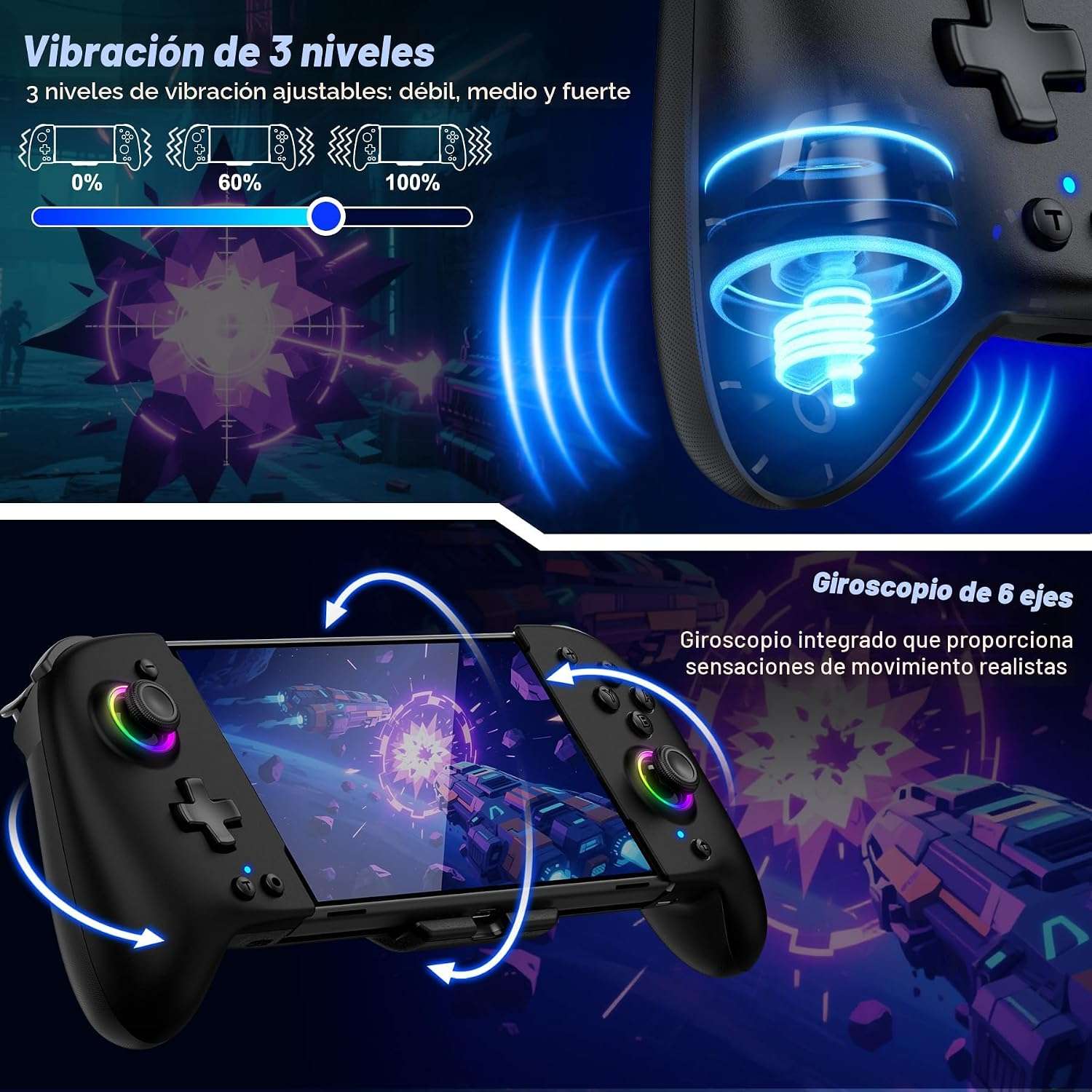 Control inalambrico Gammeefy de una pieza para Nintendo Switch y Oled color negro con luces led y agarre ergonomico