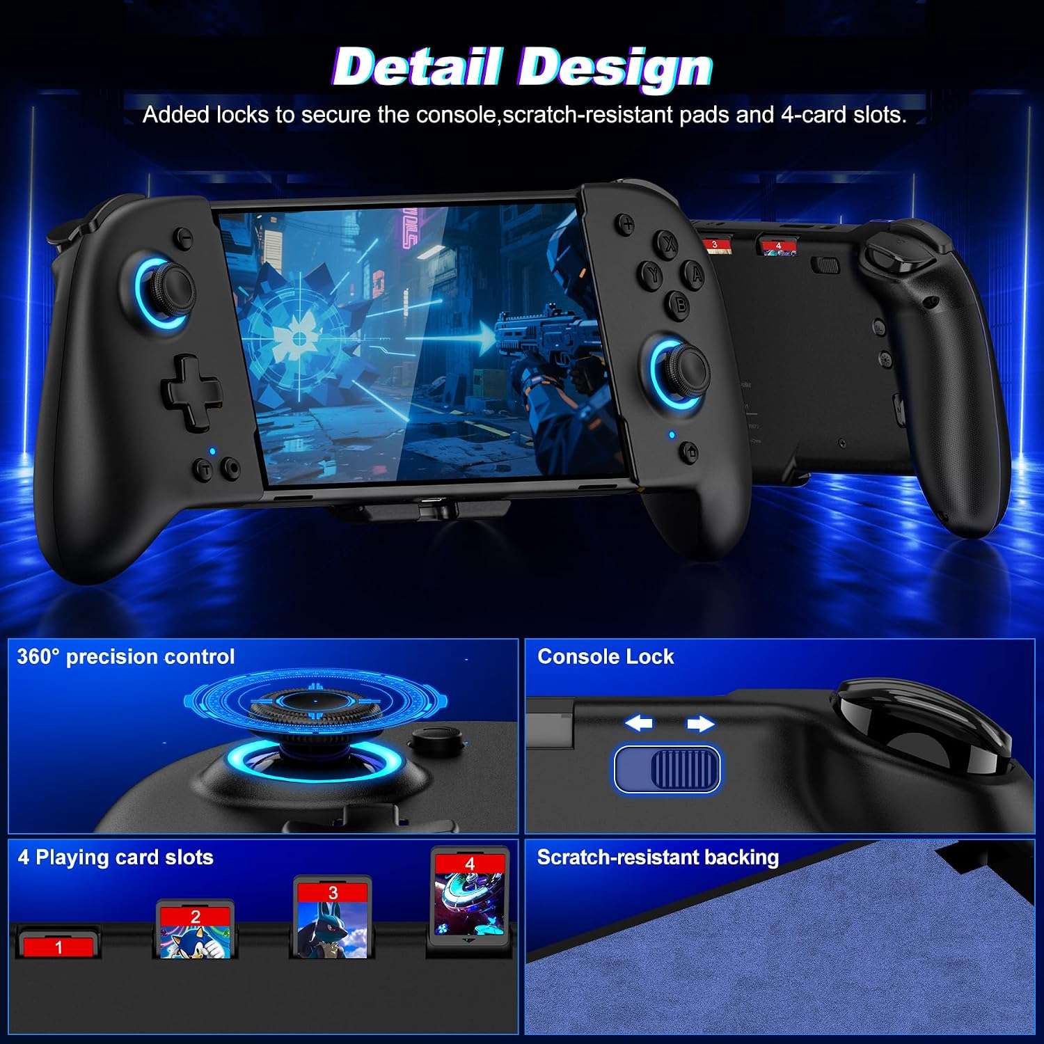 Control inalambrico Gammeefy de una pieza para Nintendo Switch y Oled color negro con luces led y agarre ergonomico