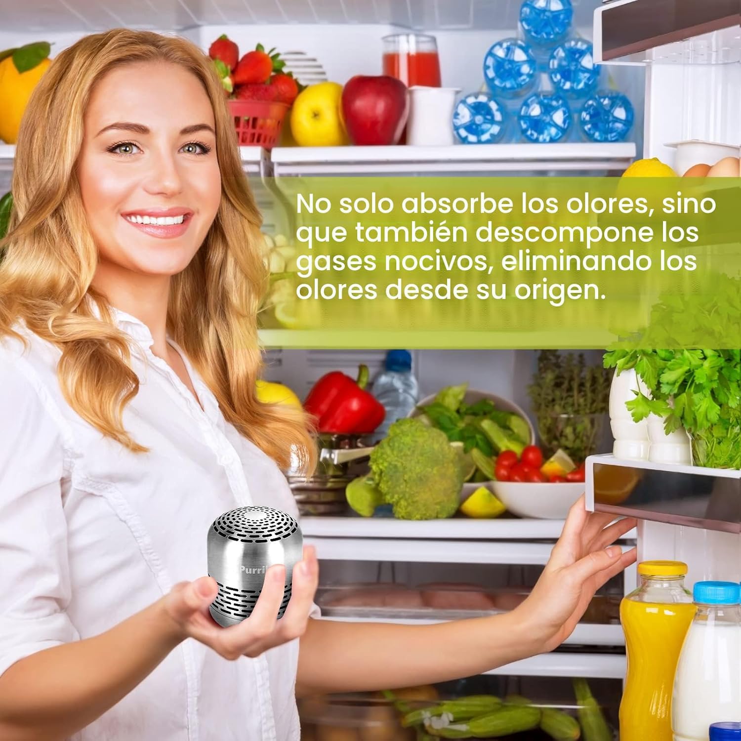 Desodorizante de acero inoxidable para refrigerador que elimina olores por 10 años sin recargas ni baterías.