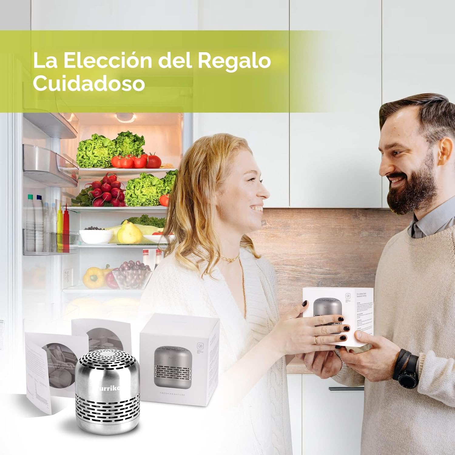 Desodorizante de acero inoxidable para refrigerador que elimina olores por 10 años sin recargas ni baterías.