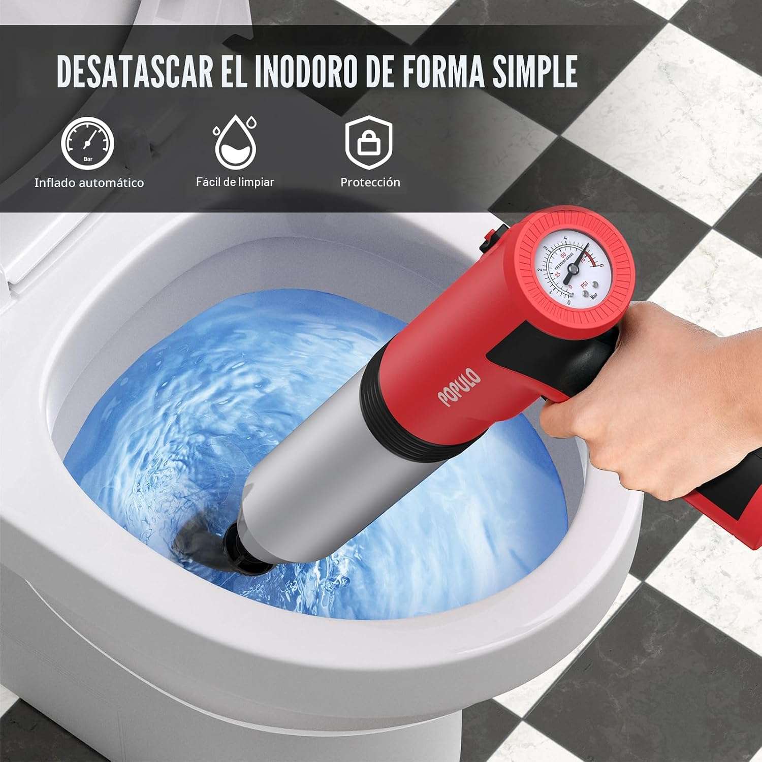Destapador eléctrico de alta presión para WC y cañerías del hogar marca Populo.