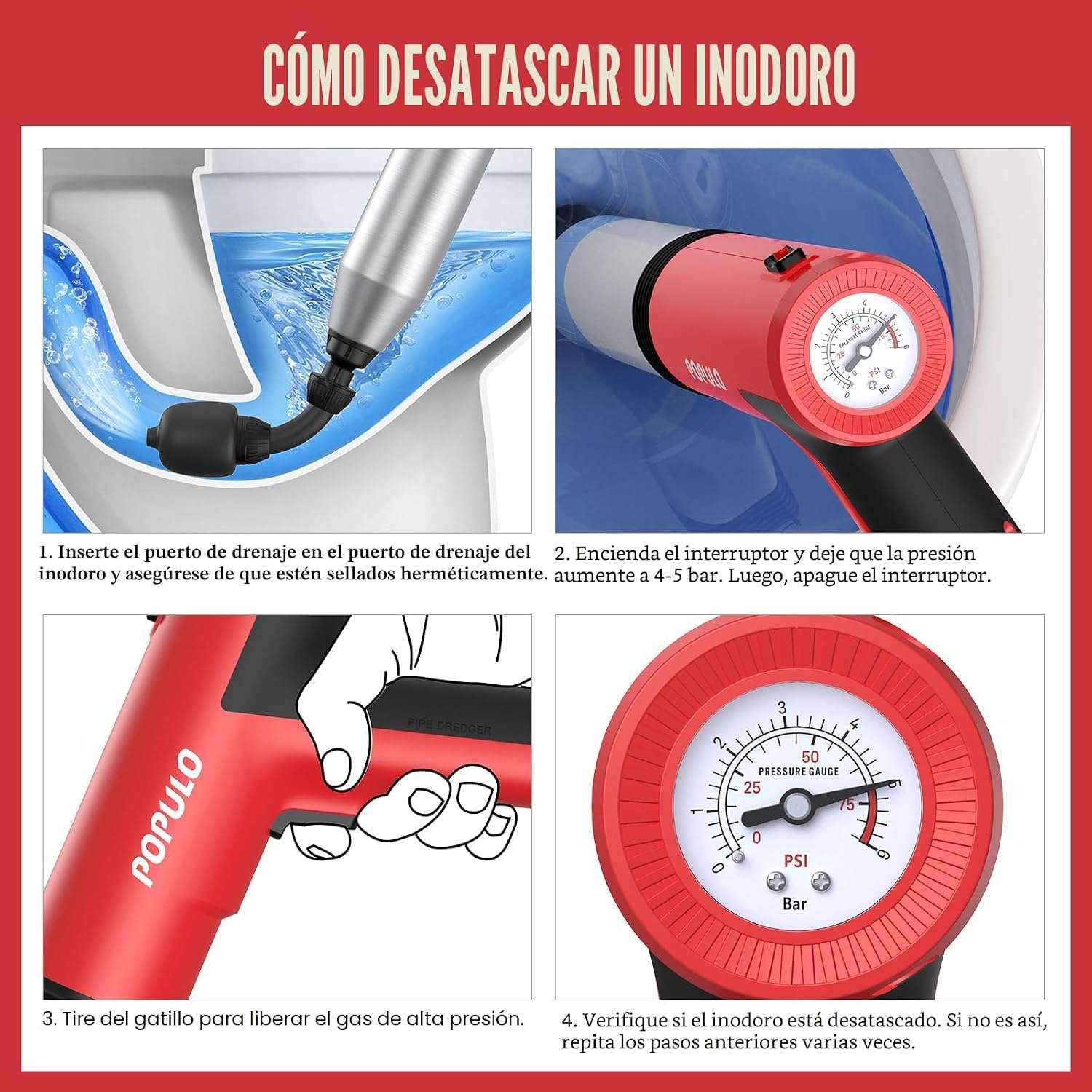 Destapador eléctrico de alta presión para WC y cañerías del hogar marca Populo.