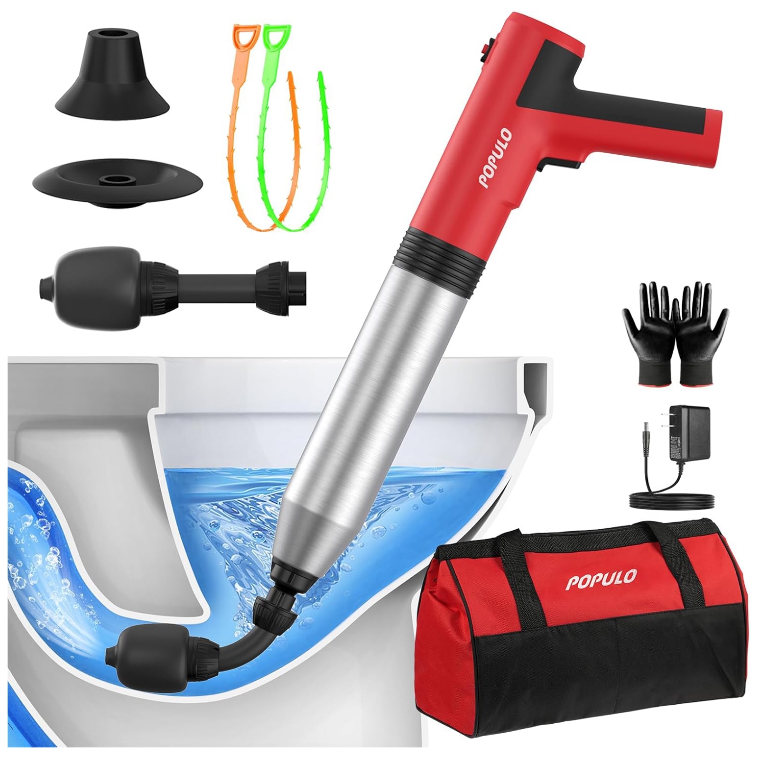 Destapador eléctrico de alta presión para WC y cañerías del hogar marca Populo.