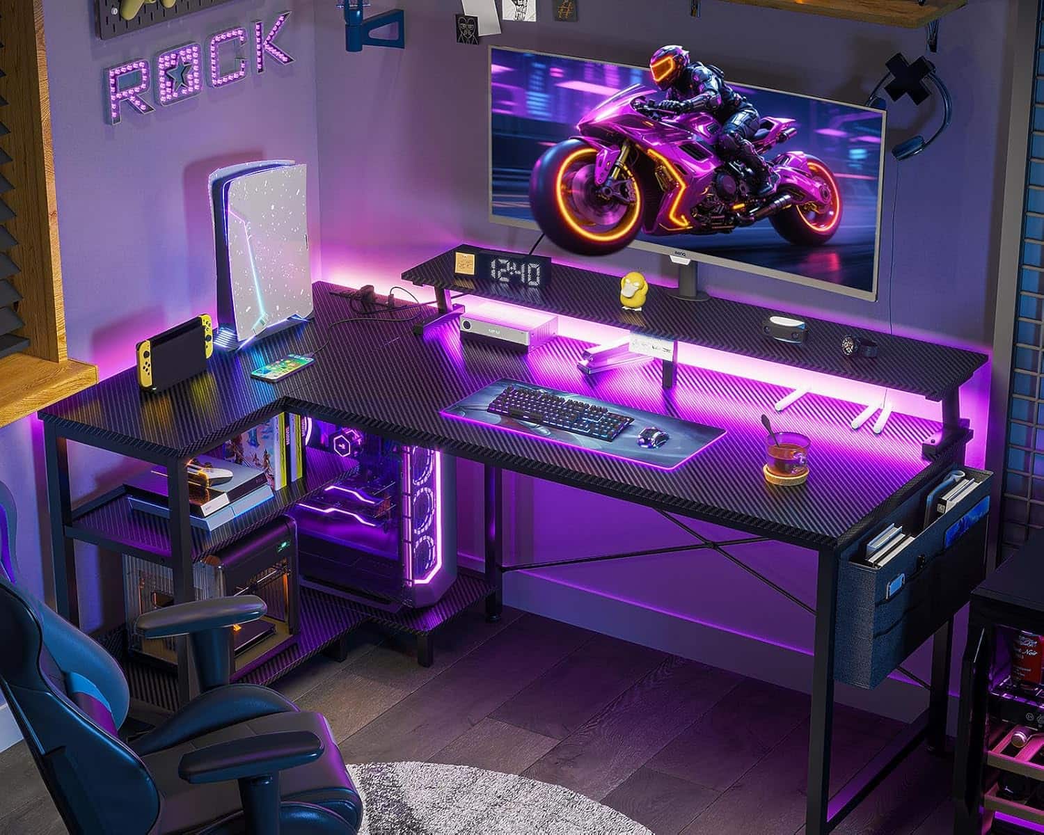 escritorio gamer en l 122 centimetros luces led enchufes repisas ideal para setup en chile