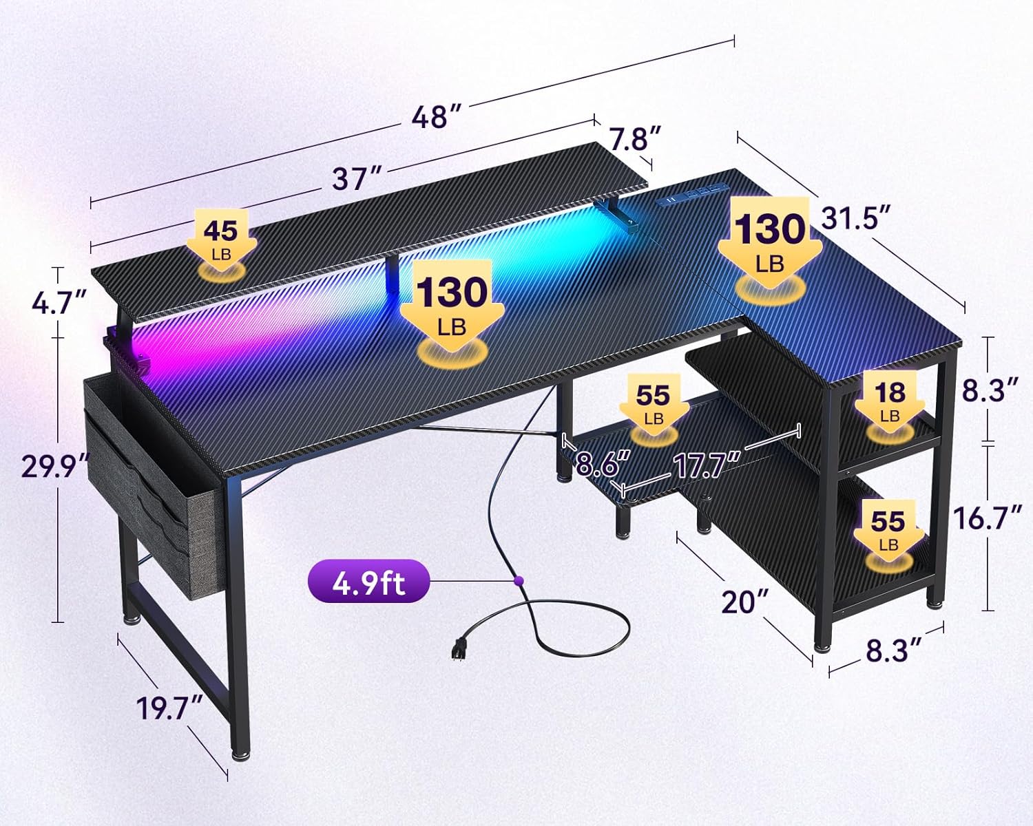 escritorio gamer en l 122 centimetros luces led enchufes repisas ideal para setup en chile