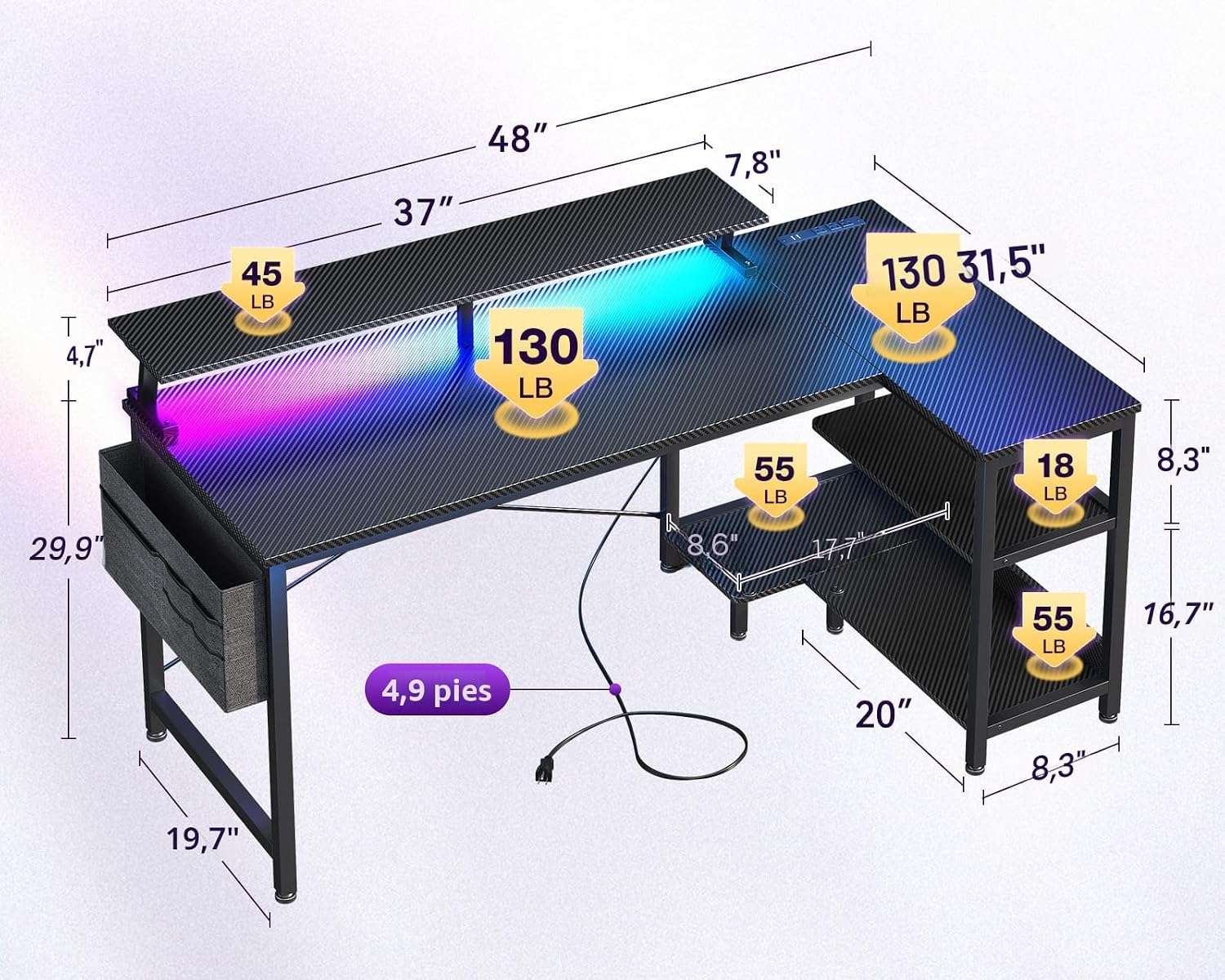 escritorio gamer en l 122 centimetros luces led enchufes repisas ideal para setup en chile