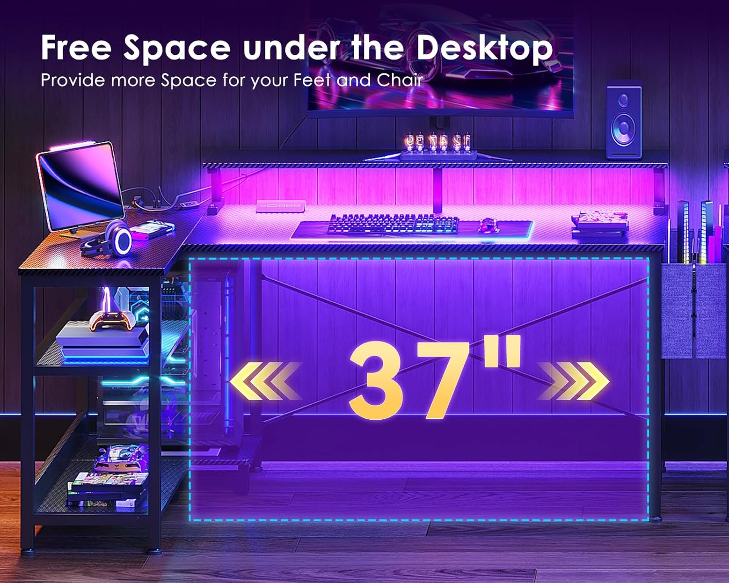 escritorio gamer en l 122 centimetros luces led enchufes repisas ideal para setup en chile