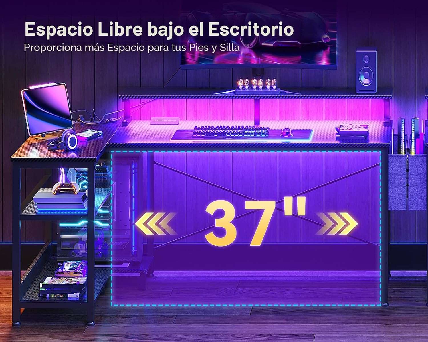 escritorio gamer en l 122 centimetros luces led enchufes repisas ideal para setup en chile
