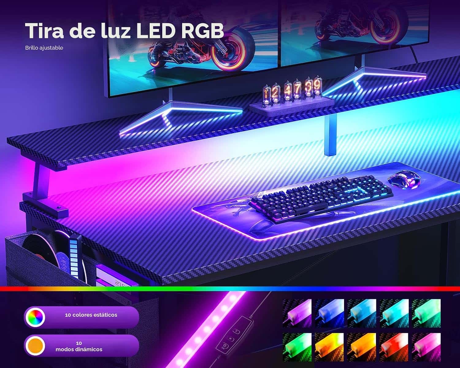 escritorio gamer en l 122 centimetros luces led enchufes repisas ideal para setup en chile