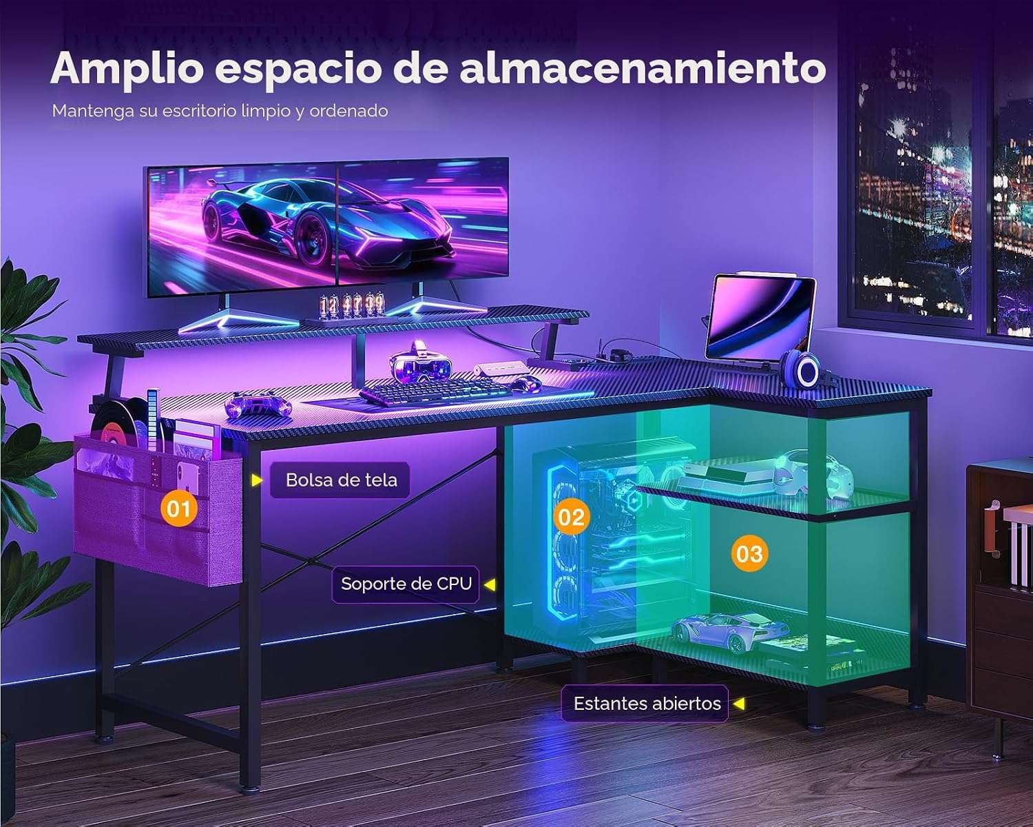escritorio gamer en l 122 centimetros luces led enchufes repisas ideal para setup en chile