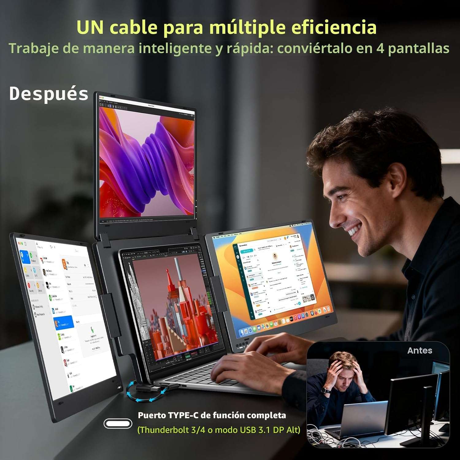 Extensor de monitor triple portatil de 15.6 pulgadas con base de aluminio para notebook en chile
