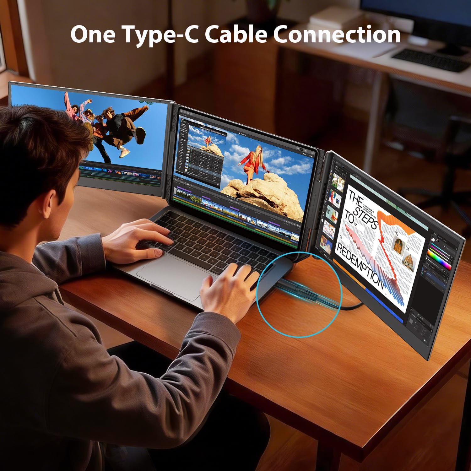 Extensor de pantalla triple monitor portatil de 15.6 pulgadas para notebook conectado con un cable usb c en chile