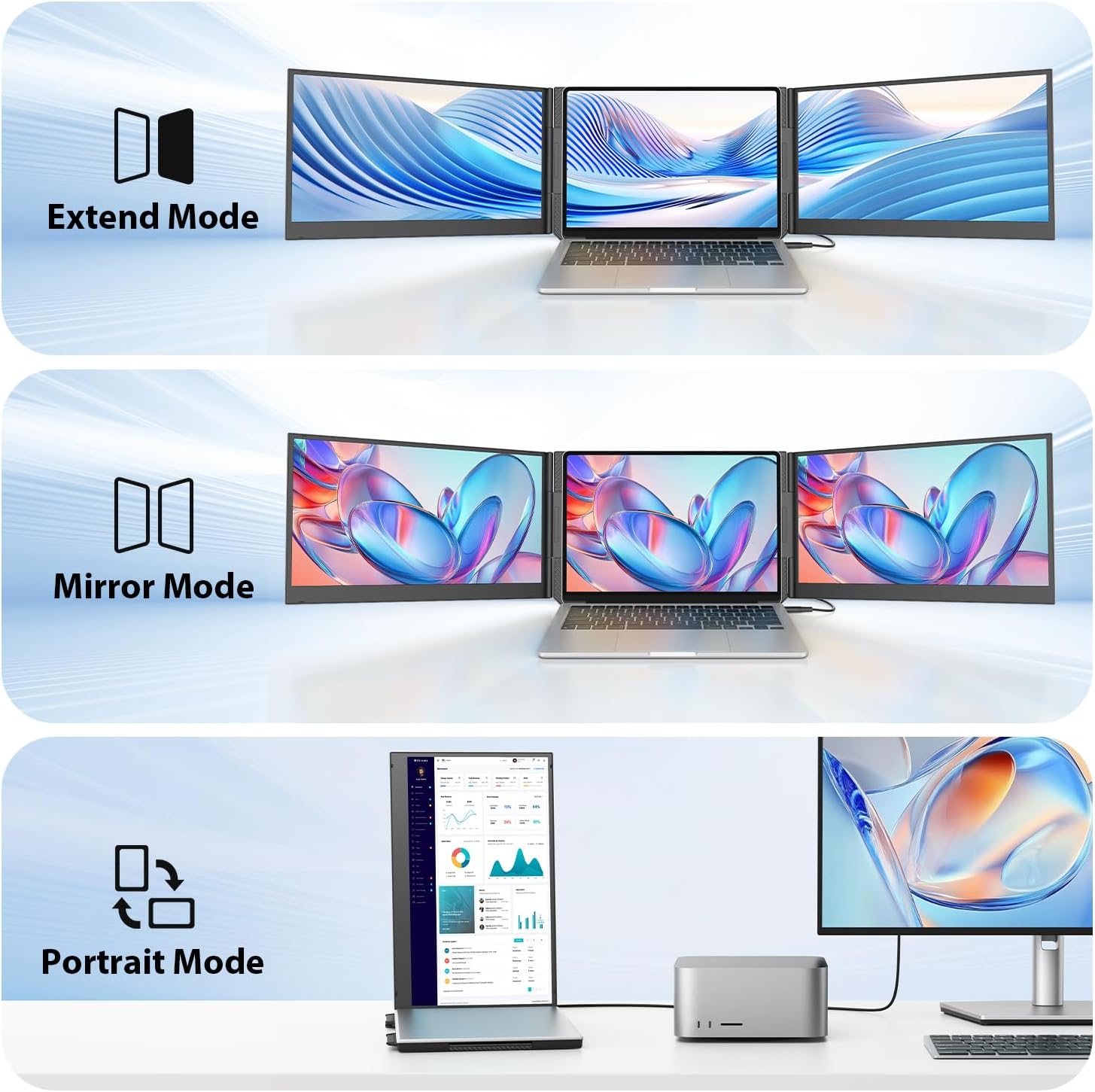 Extensor de pantalla triple monitor portatil de 15.6 pulgadas para notebook conectado con un cable usb c en chile