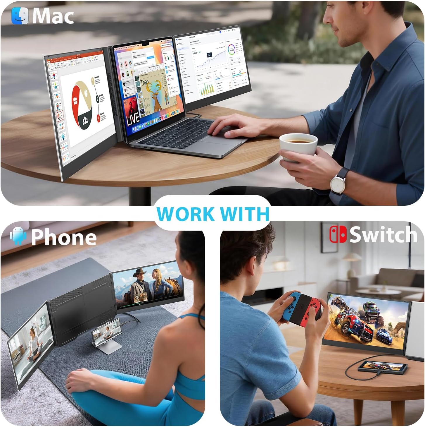 Extensor de pantalla triple monitor portatil de 15.6 pulgadas para notebook conectado con un cable usb c en chile