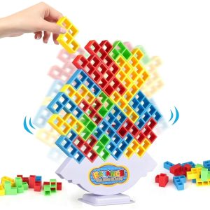 Juego de mesa torre de equilibrio con 64 bloques de construcción tipo tetris y 22 cartas de desafío para niños y adultos.