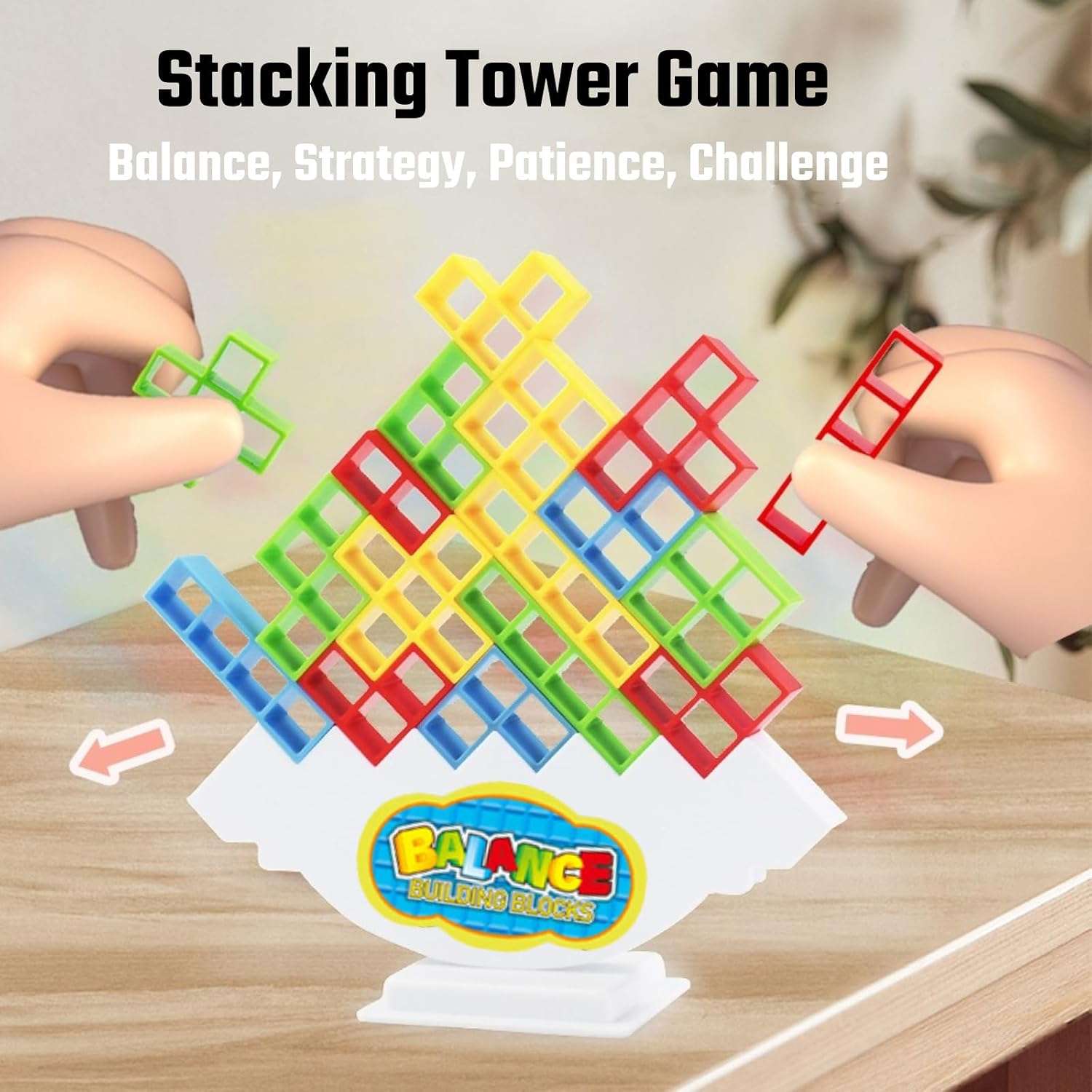 Juego de mesa torre de equilibrio con 64 bloques de construcción tipo tetris y 22 cartas de desafío para niños y adultos.