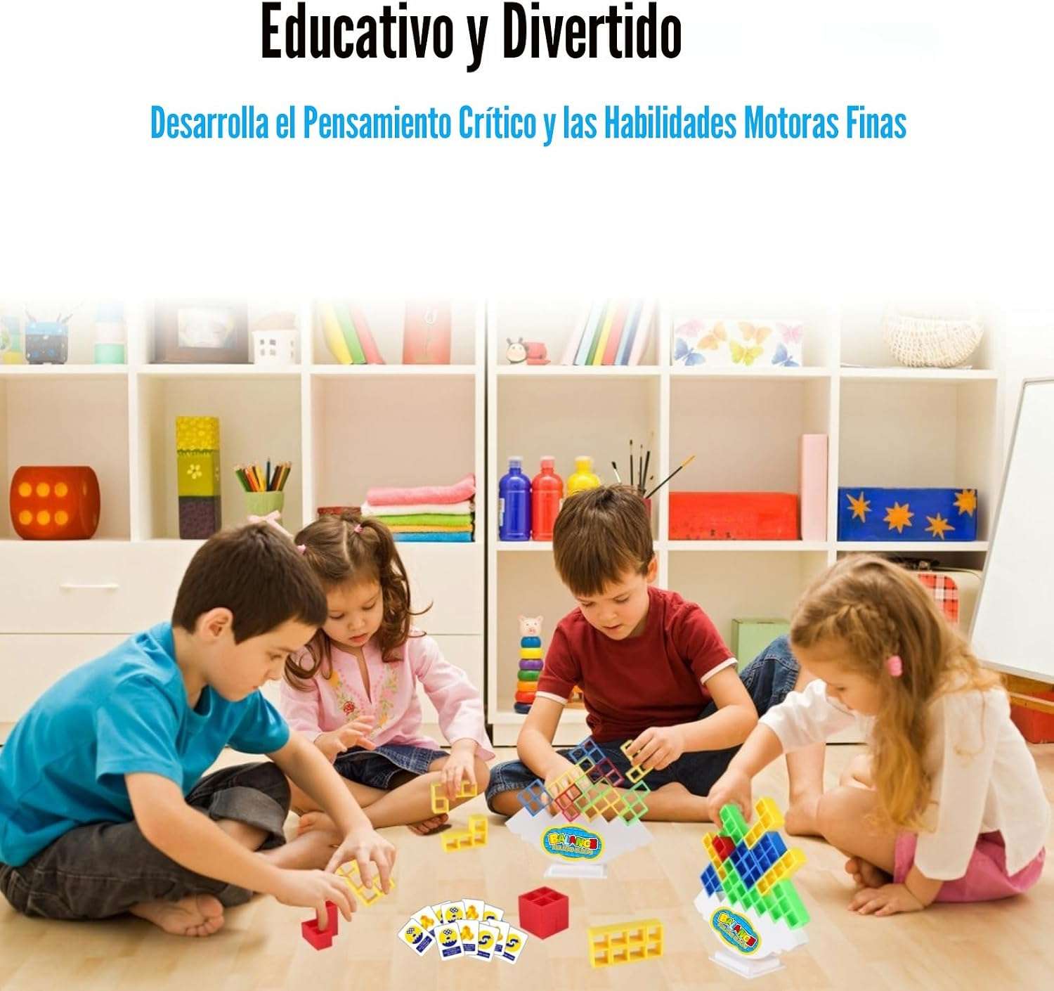 Juego de mesa torre de equilibrio con 64 bloques de construcción tipo tetris y 22 cartas de desafío para niños y adultos.