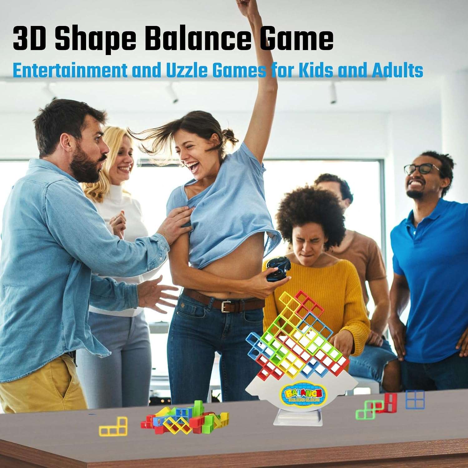 Juego de mesa torre de equilibrio con 64 bloques de construcción tipo tetris y 22 cartas de desafío para niños y adultos.