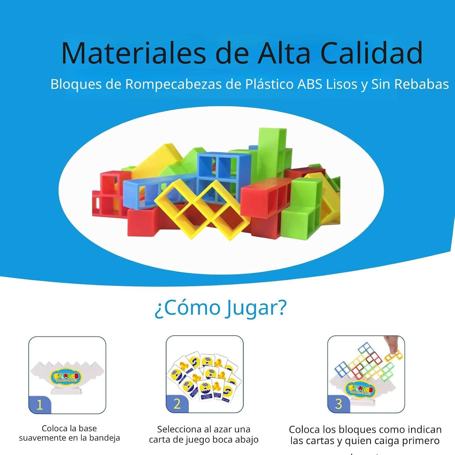 Juego de mesa torre de equilibrio con 64 bloques de construcción tipo tetris y 22 cartas de desafío para niños y adultos.