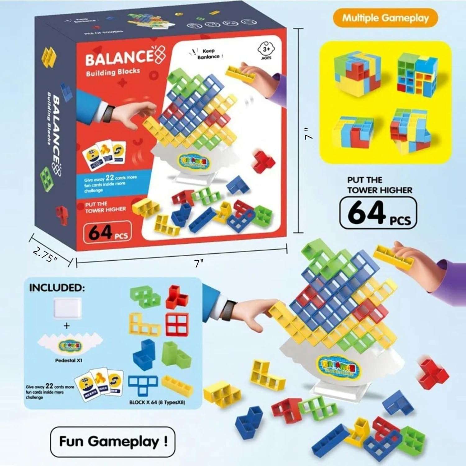 Juego de mesa torre de equilibrio con 64 bloques de construcción tipo tetris y 22 cartas de desafío para niños y adultos.