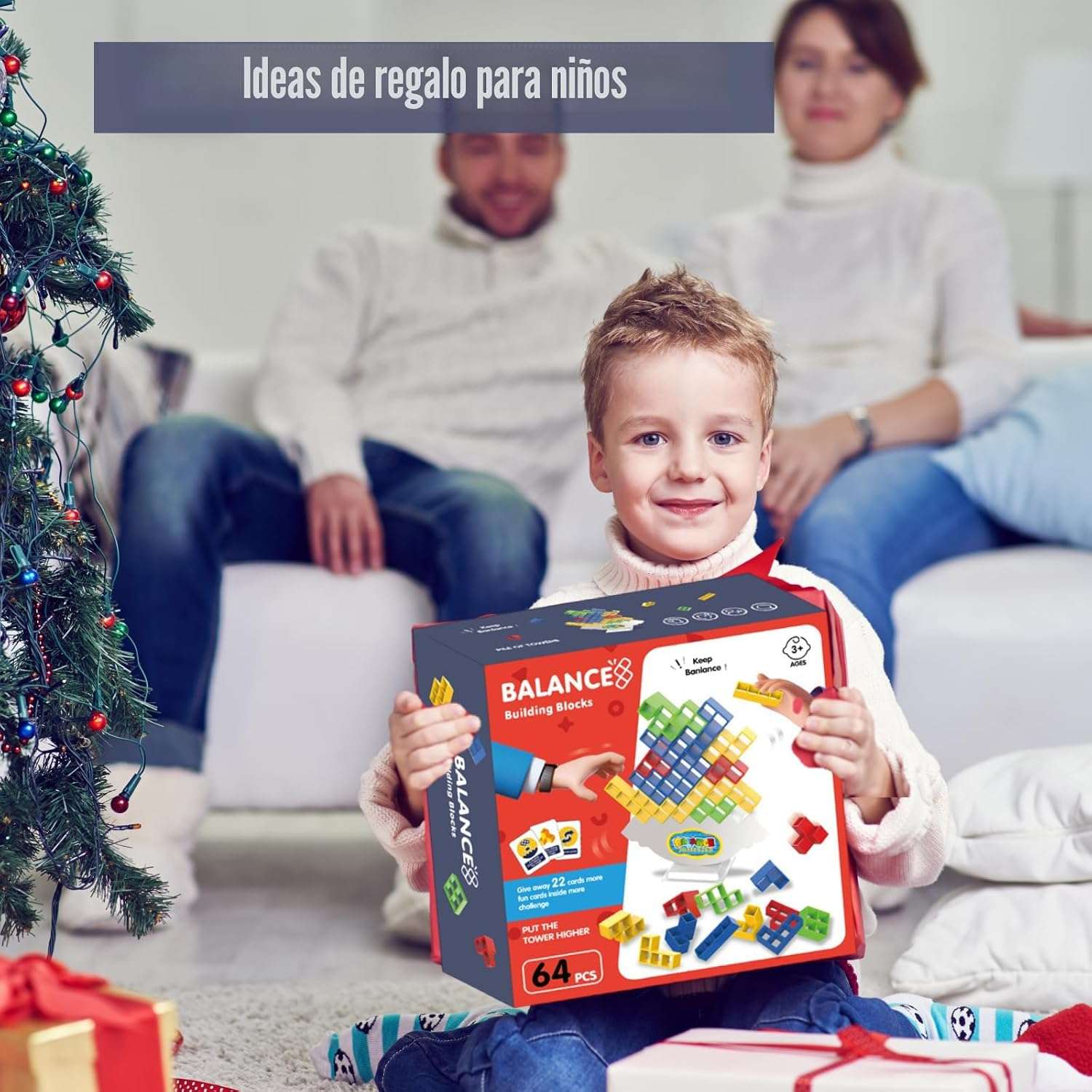 Juego de mesa torre de equilibrio con 64 bloques de construcción tipo tetris y 22 cartas de desafío para niños y adultos.