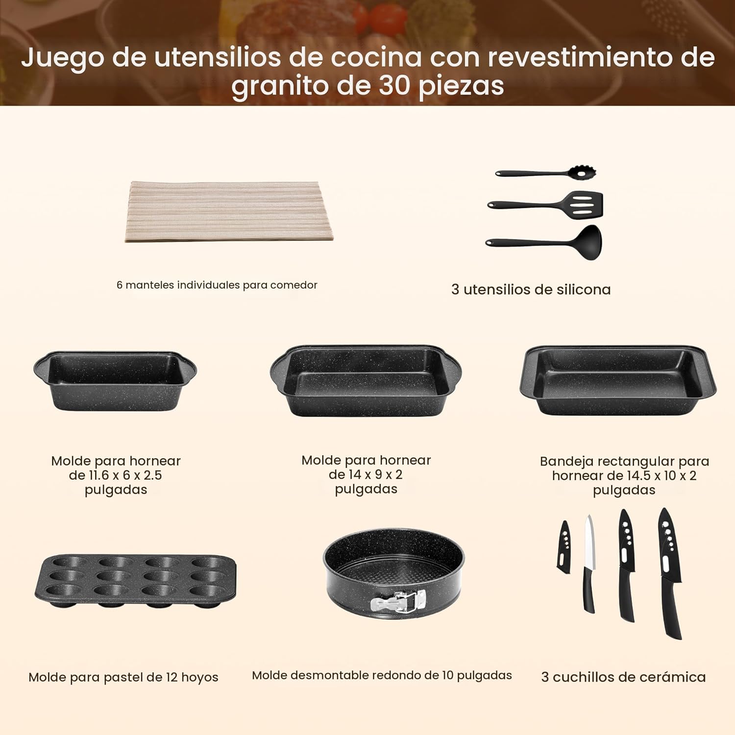 bateria cocina 30 piezas granito juego ollas sartenes induccion antiadherente moldes reposteria cuchillos libre pfoa chile