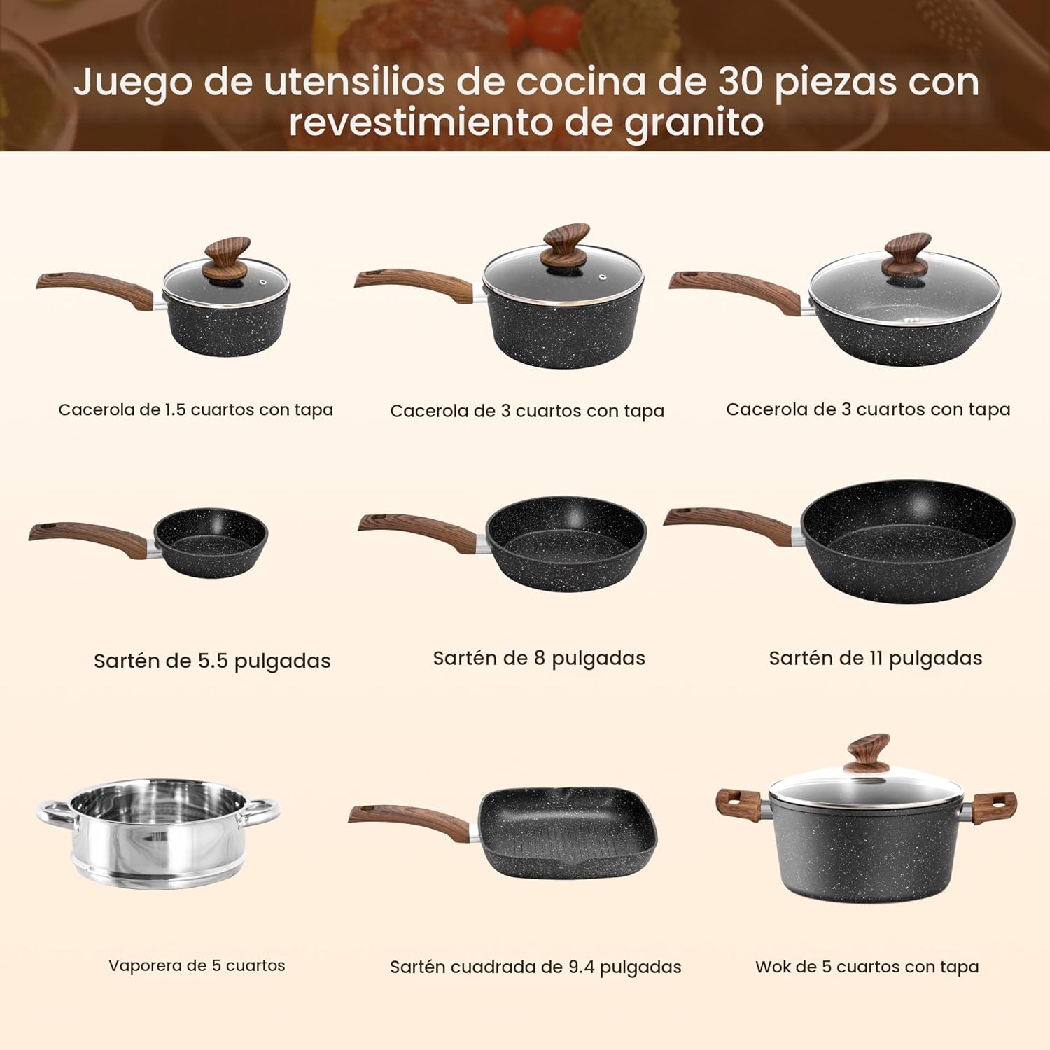 bateria cocina 30 piezas granito juego ollas sartenes induccion antiadherente moldes reposteria cuchillos libre pfoa chile