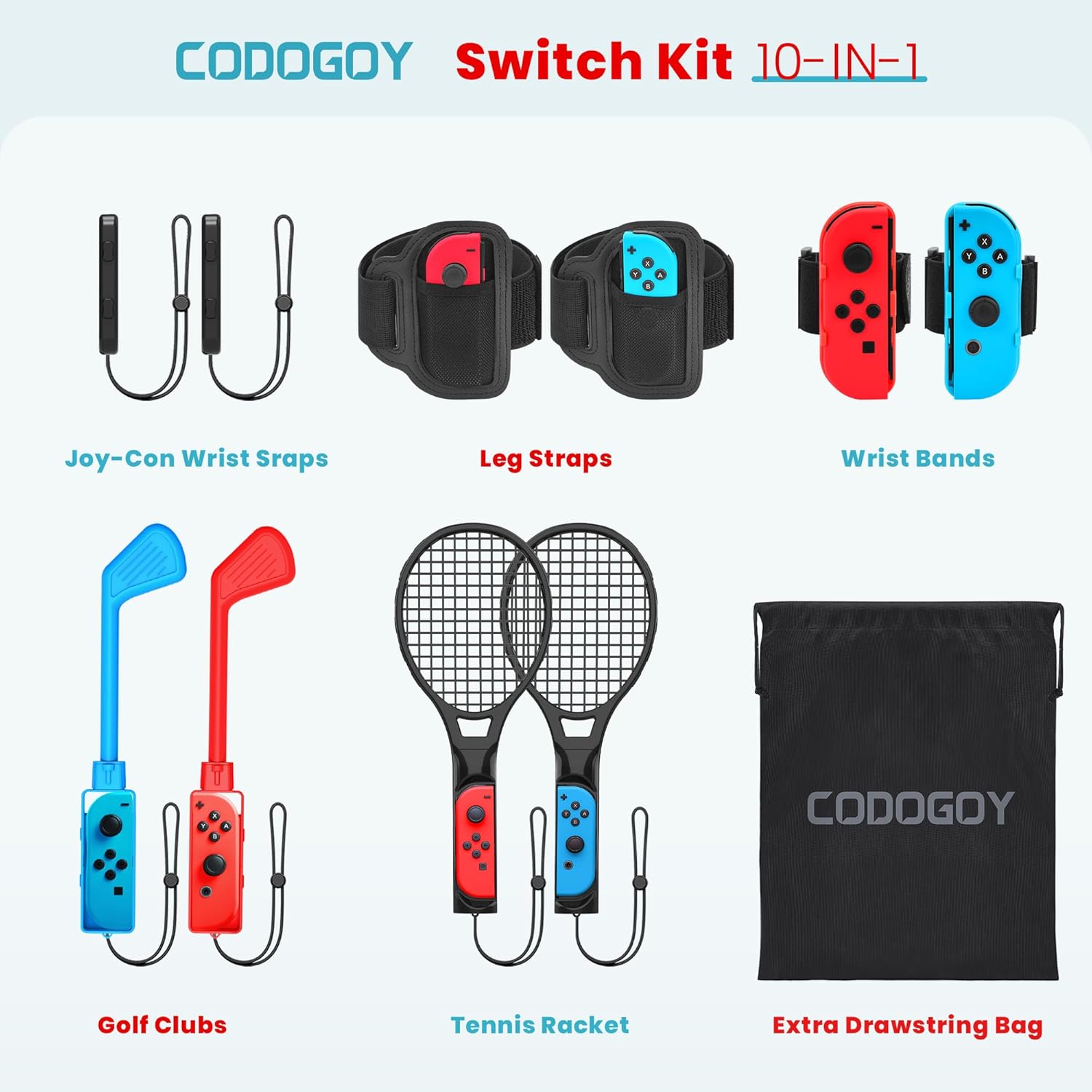 Kit de accesorios deportivos Codogoy 10 en 1 para Nintendo Switch y Oled incluye bolso y piezas para tenis golf y futbol