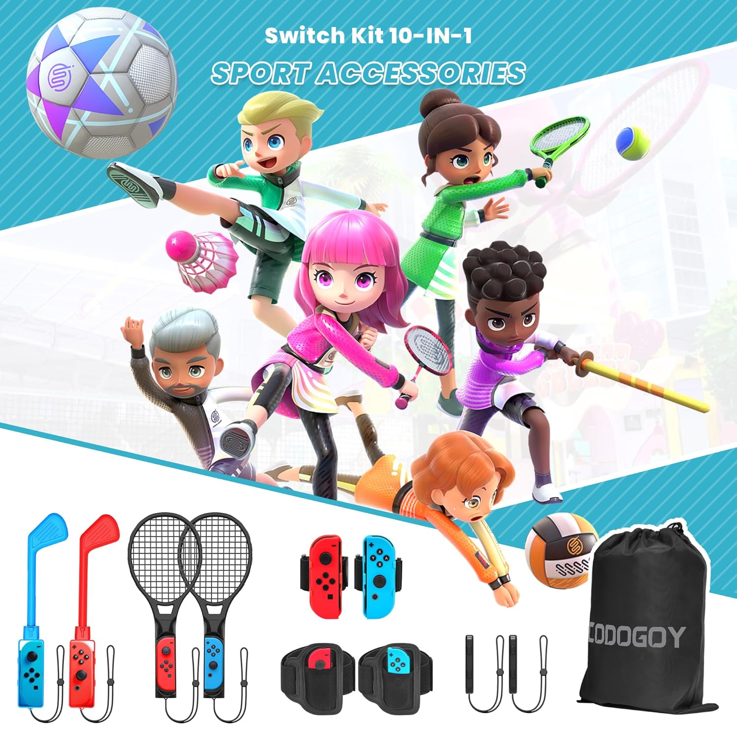 Kit de accesorios deportivos Codogoy 10 en 1 para Nintendo Switch y Oled incluye bolso y piezas para tenis golf y futbol