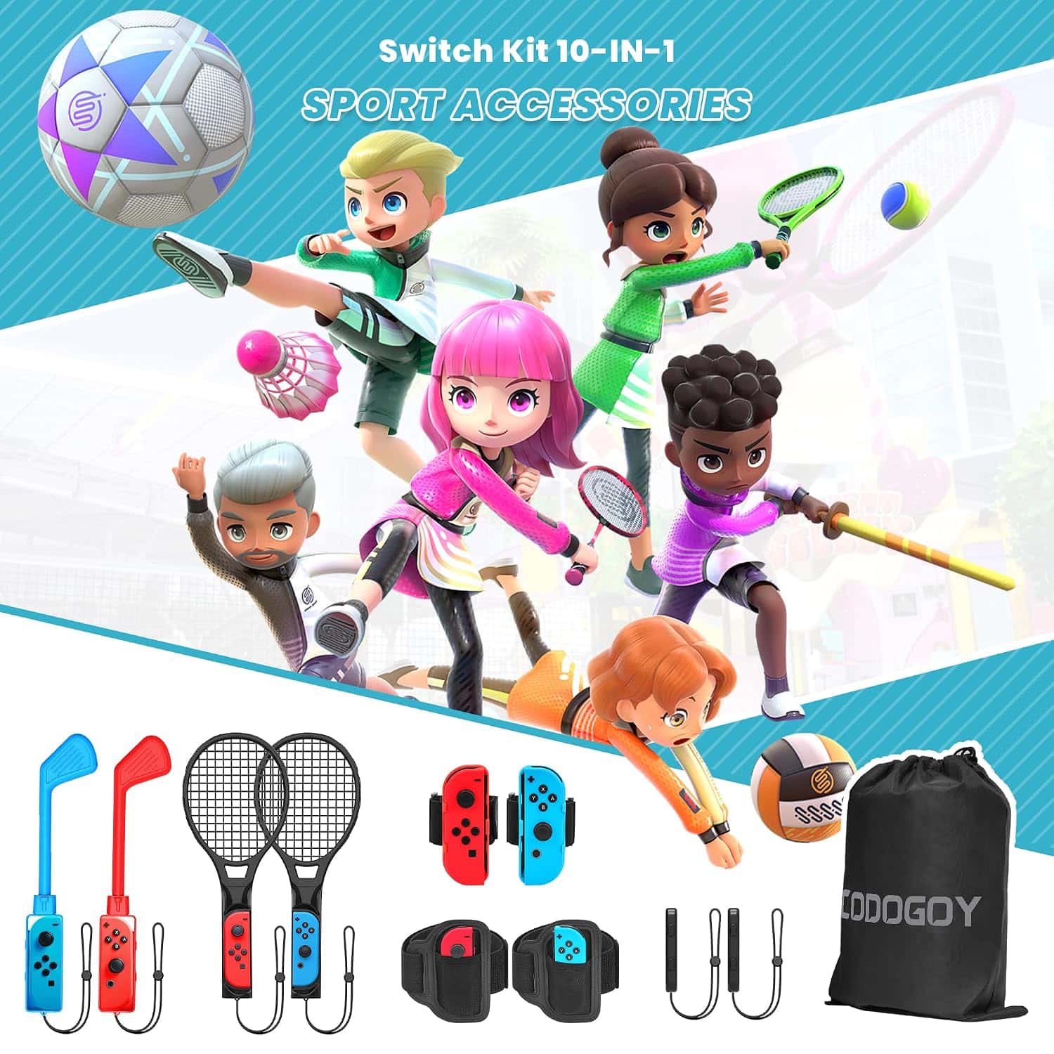 Kit de accesorios deportivos Codogoy 10 en 1 para Nintendo Switch y Oled incluye bolso y piezas para tenis golf y futbol