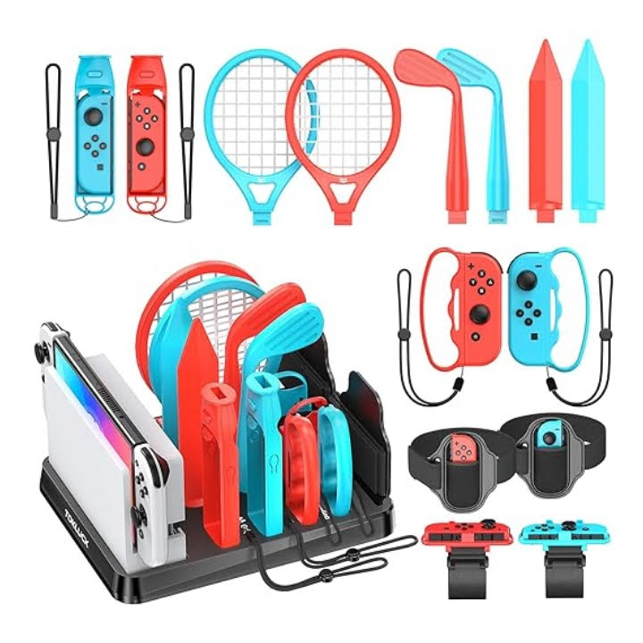 Kit de accesorios deportivos para Nintendo Switch y Oled incluye base organizadora palos de golf raquetas y correas para jugar en familia