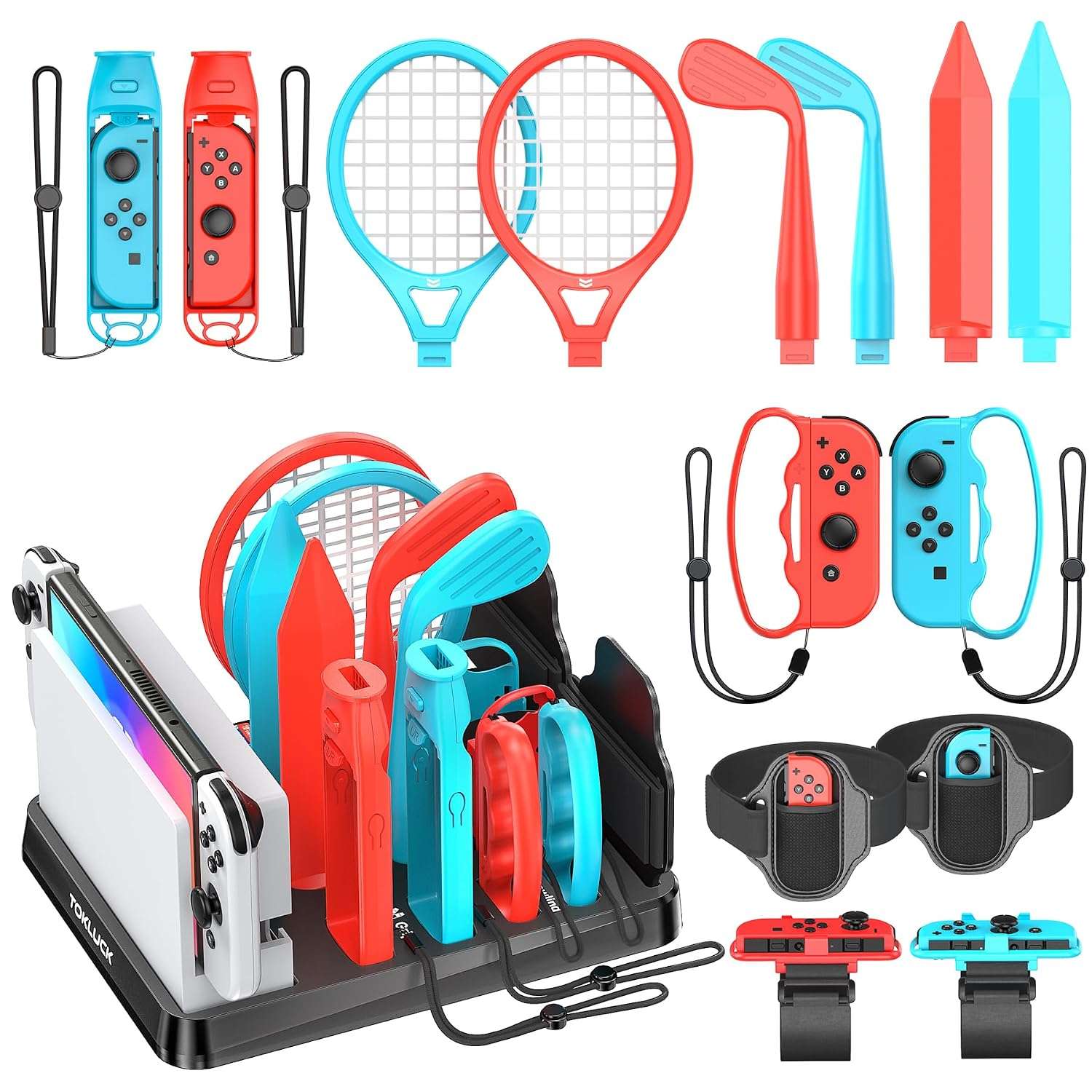 Kit de accesorios deportivos para Nintendo Switch y Oled incluye base organizadora palos de golf raquetas y correas para jugar en familia