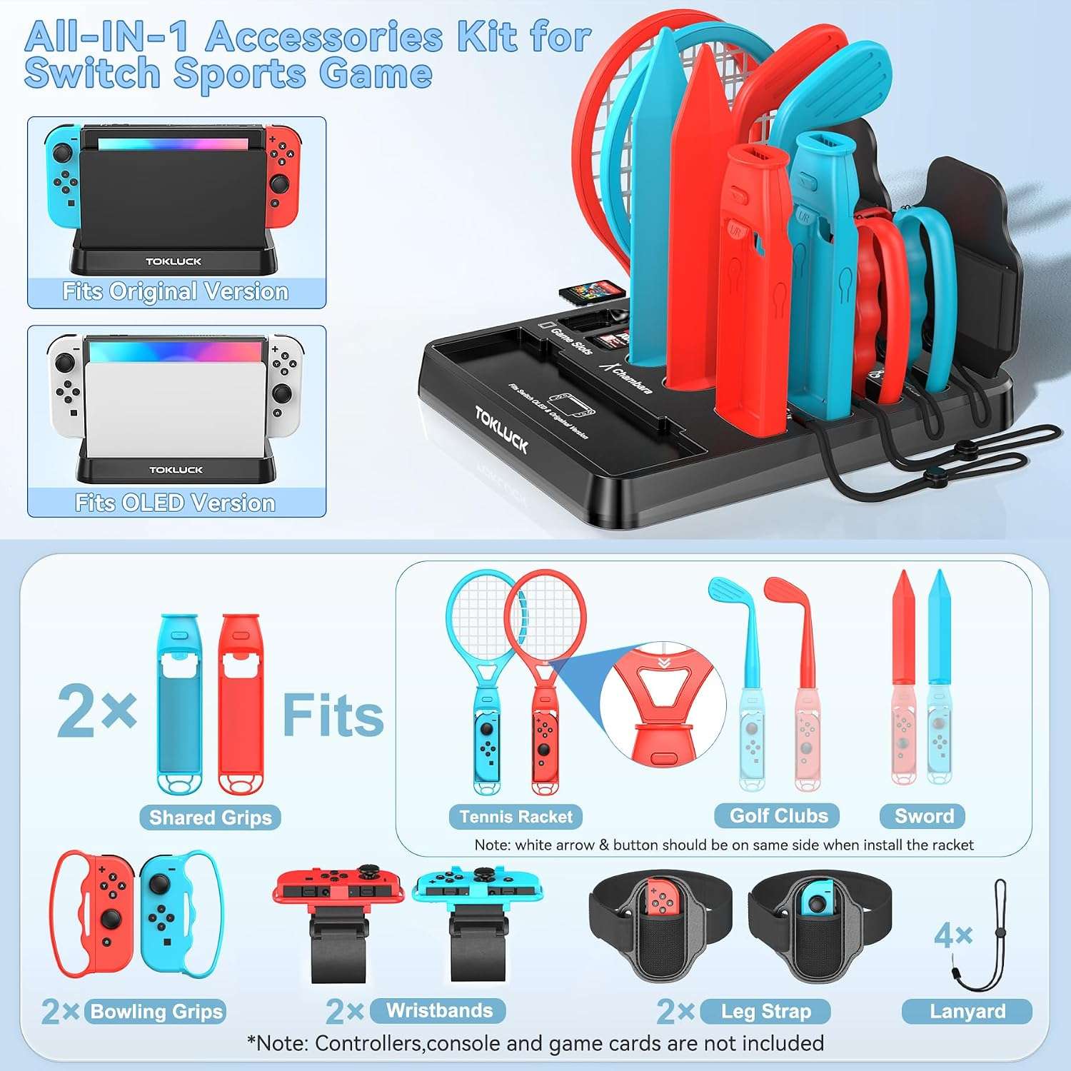 Kit de accesorios deportivos para Nintendo Switch y Oled incluye base organizadora palos de golf raquetas y correas para jugar en familia