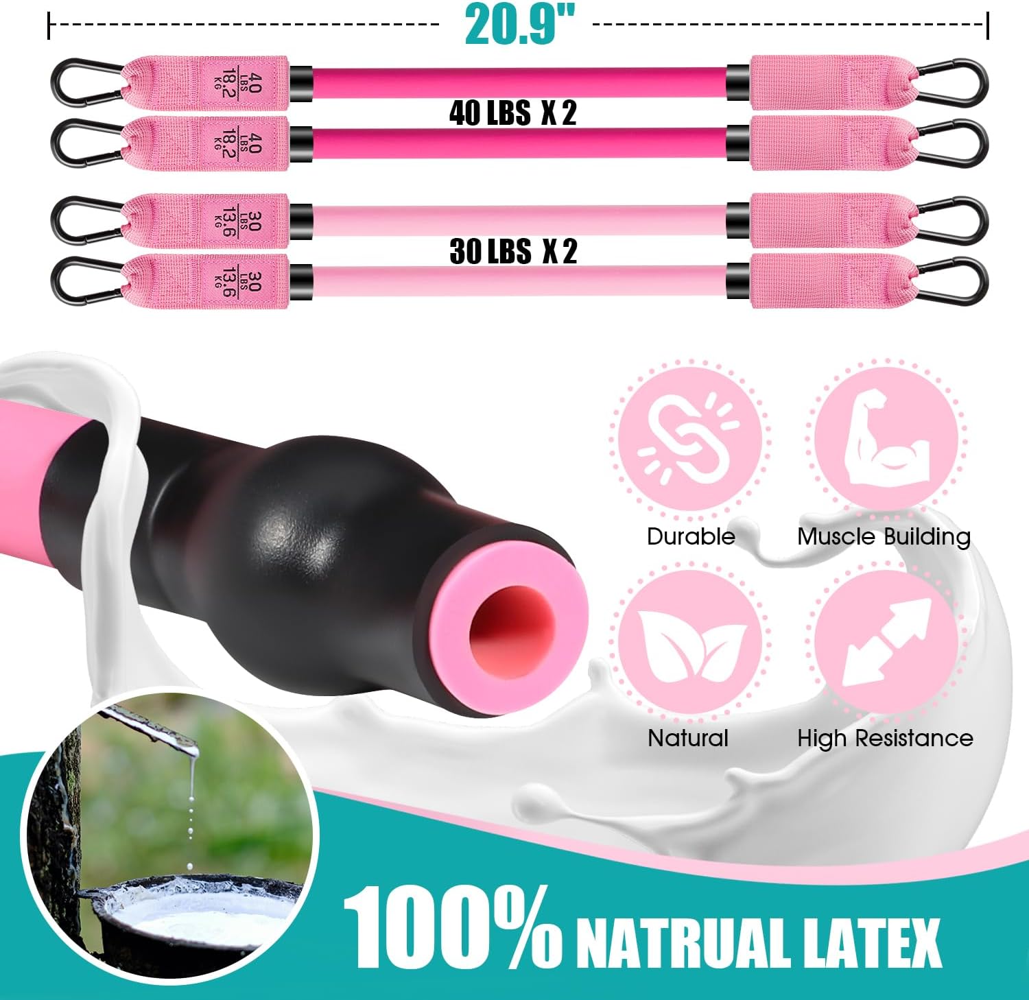 Kit de barra de pilates desmontable con bandas de resistencia ajustables de 30 y 40 libras para ejercicios de piernas y glúteos en casa.