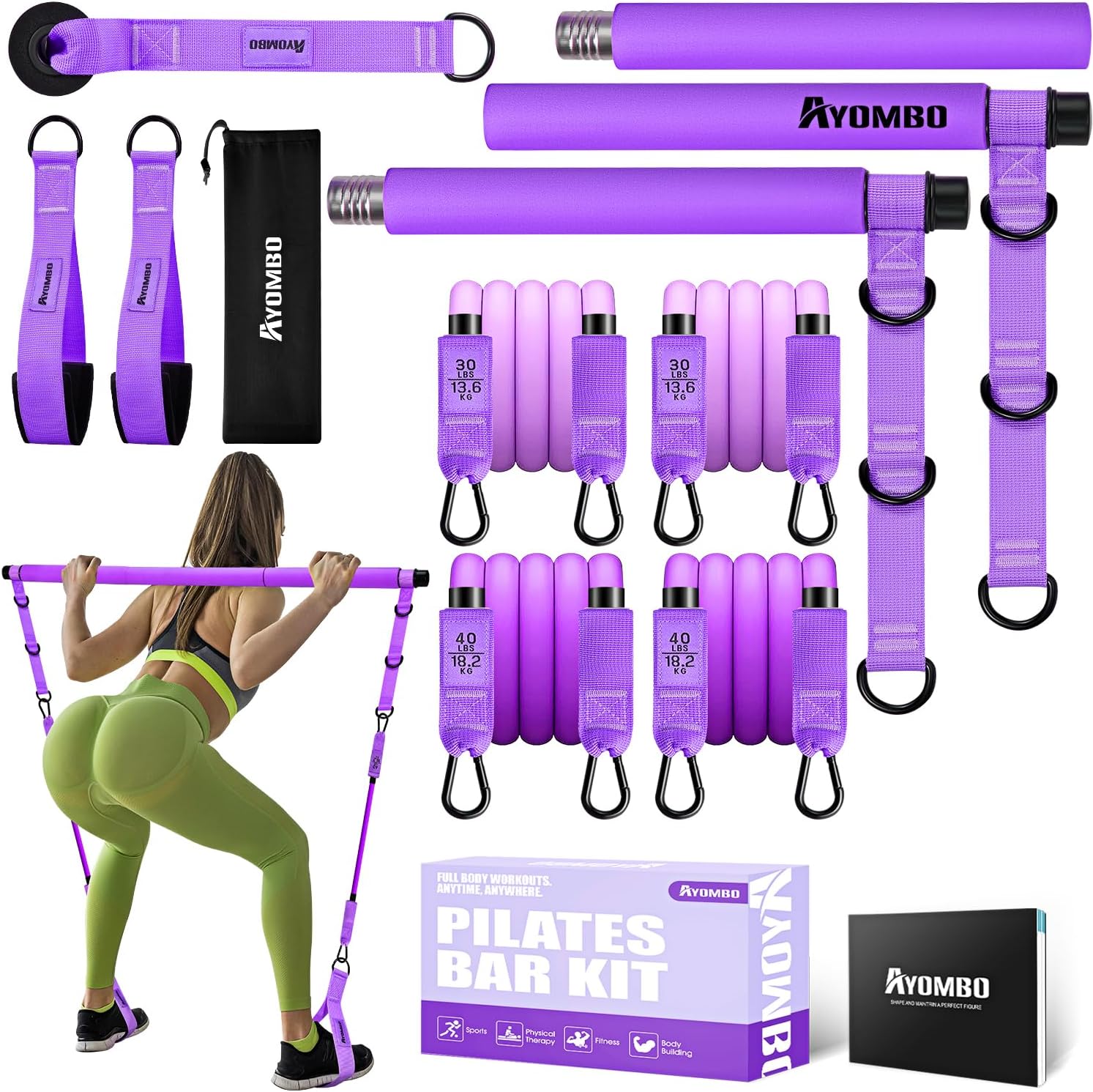 Kit de barra de pilates desmontable con bandas de resistencia ajustables de 30 y 40 libras para ejercicios de piernas y glúteos en casa.