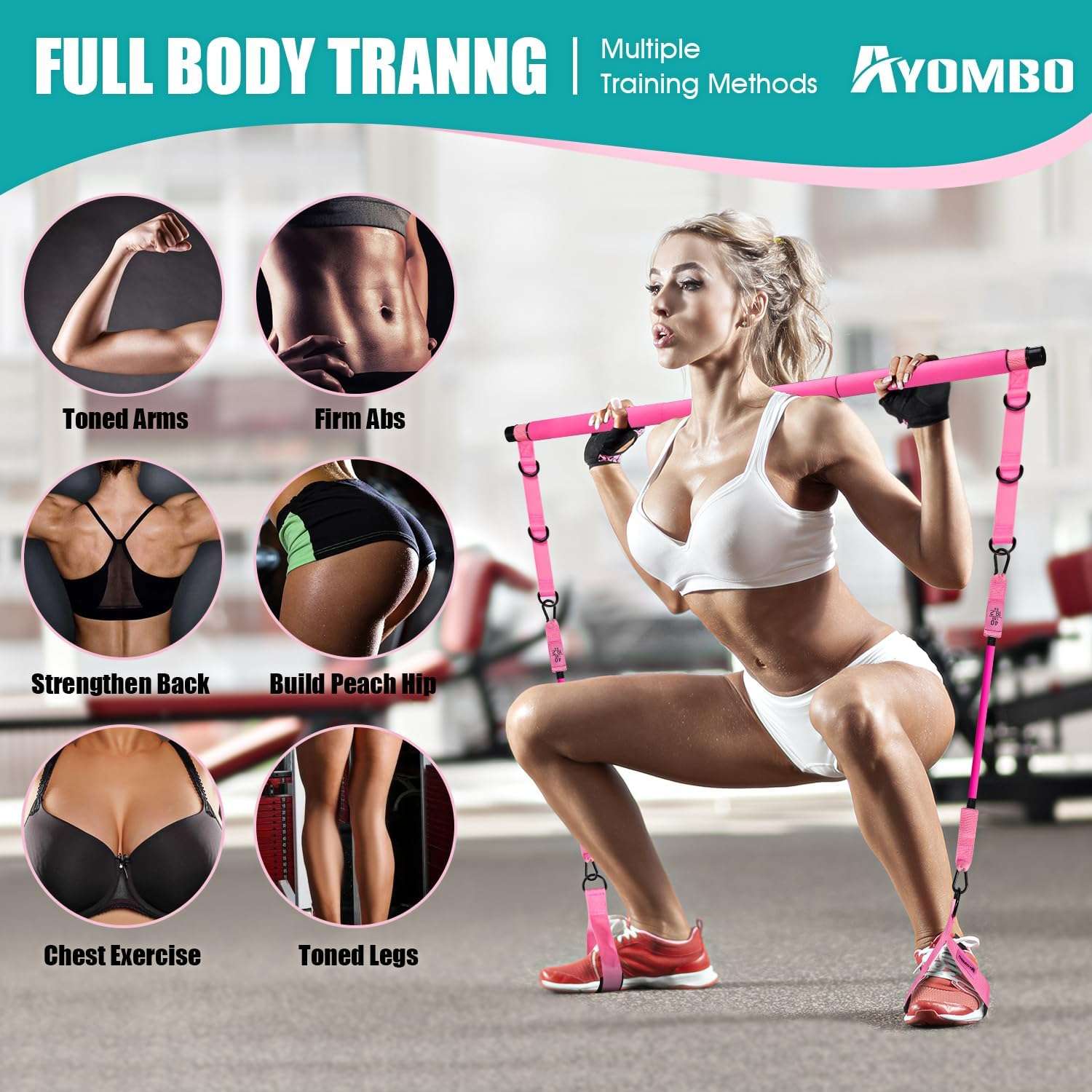 Kit de barra de pilates desmontable con bandas de resistencia ajustables de 30 y 40 libras para ejercicios de piernas y glúteos en casa.