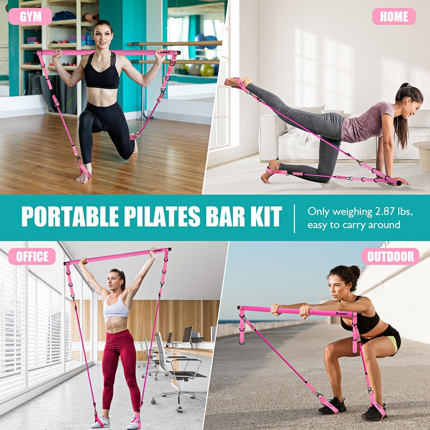 Kit de barra de pilates desmontable con bandas de resistencia ajustables de 30 y 40 libras para ejercicios de piernas y glúteos en casa.