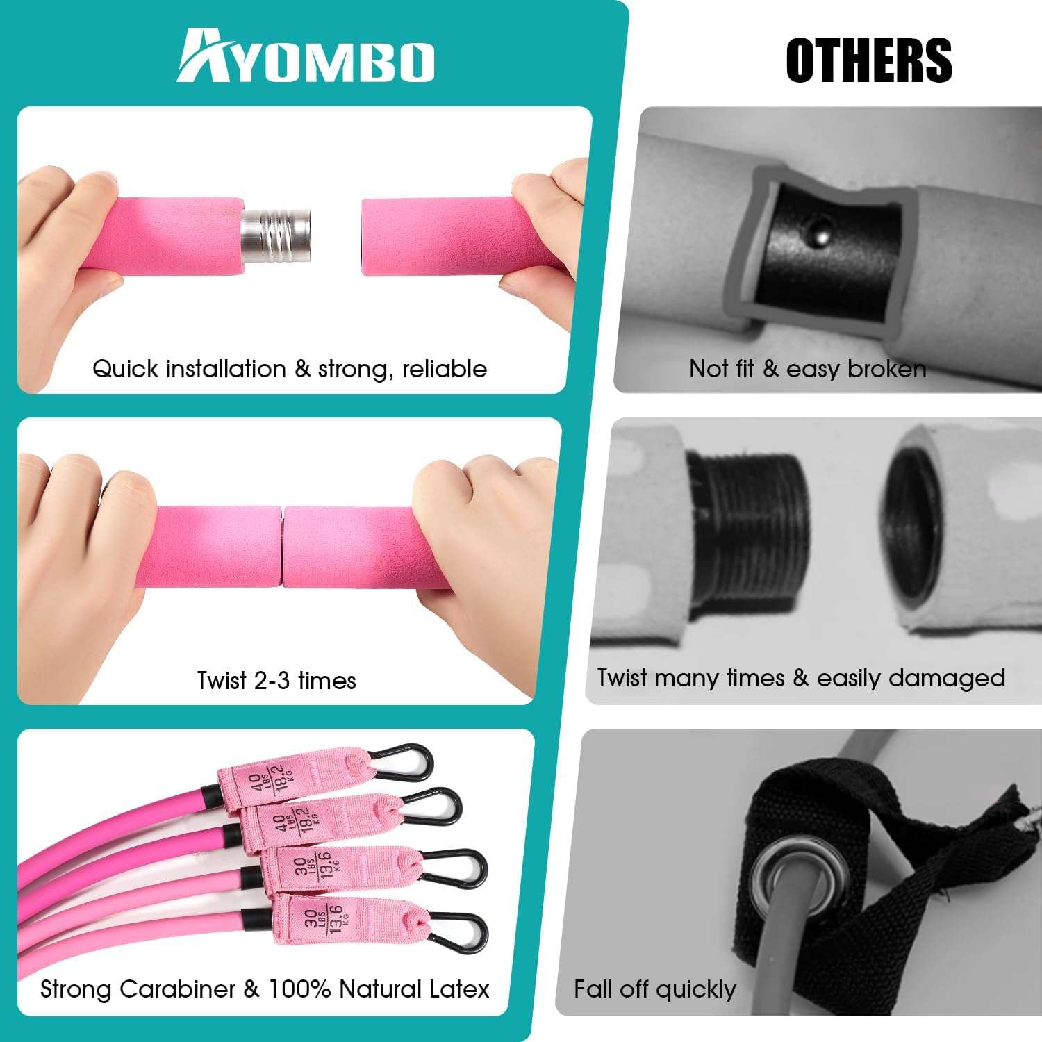 Kit de barra de pilates desmontable con bandas de resistencia ajustables de 30 y 40 libras para ejercicios de piernas y glúteos en casa.