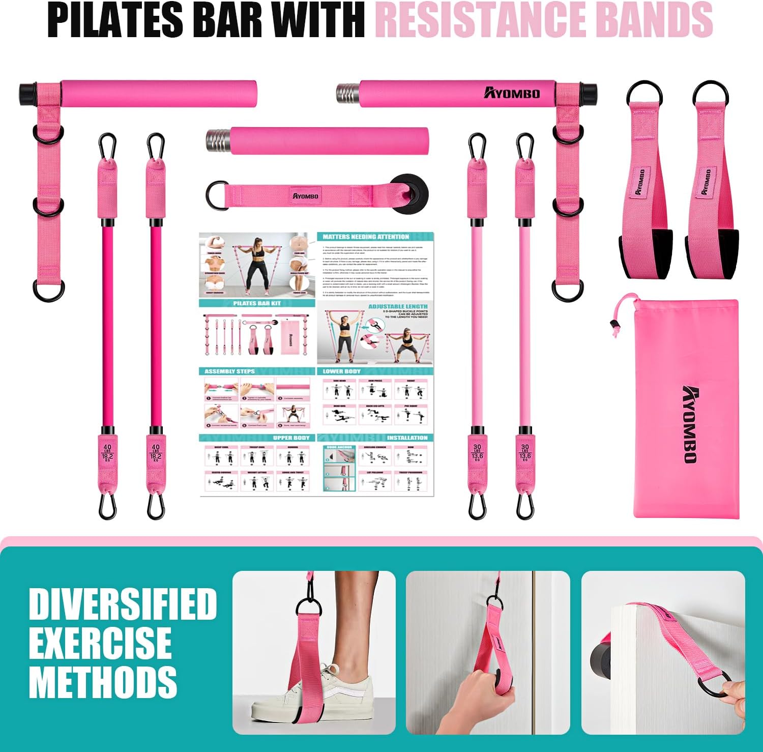 Kit de barra de pilates desmontable con bandas de resistencia ajustables de 30 y 40 libras para ejercicios de piernas y glúteos en casa.