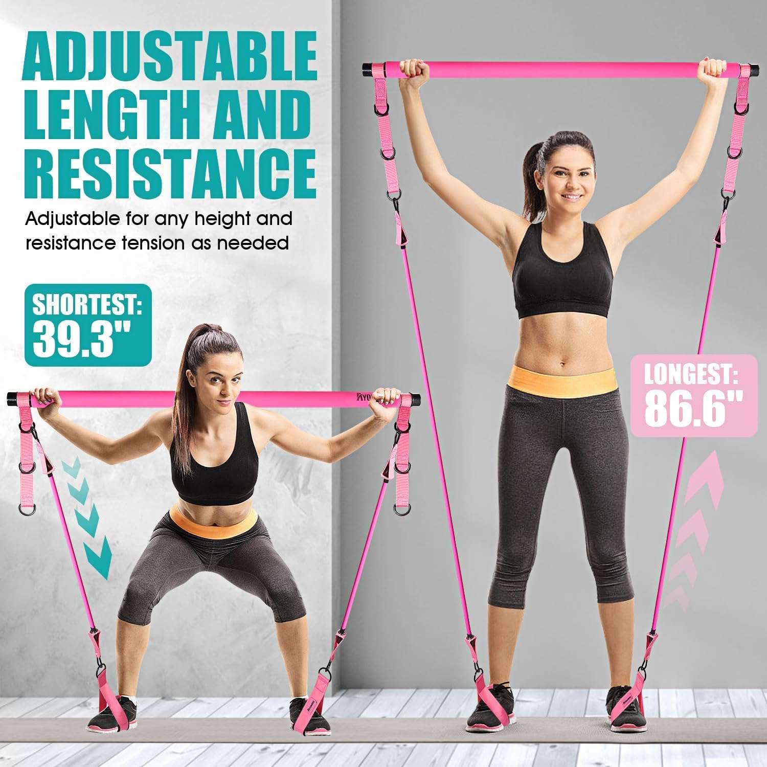 Kit de barra de pilates desmontable con bandas de resistencia ajustables de 30 y 40 libras para ejercicios de piernas y glúteos en casa.