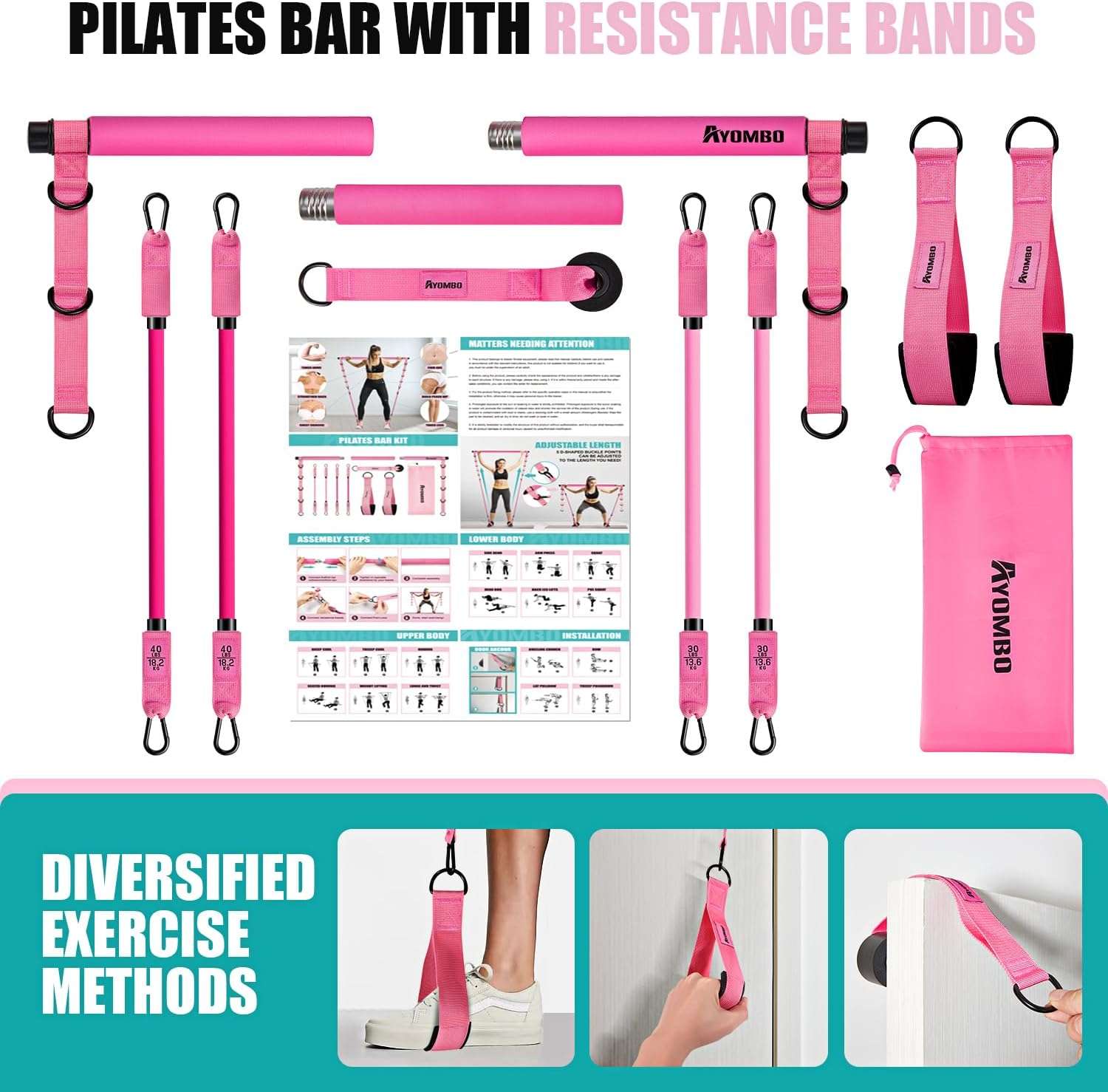 Kit de barra de pilates desmontable con bandas de resistencia ajustables de 30 y 40 libras para ejercicios de piernas y glúteos en casa.