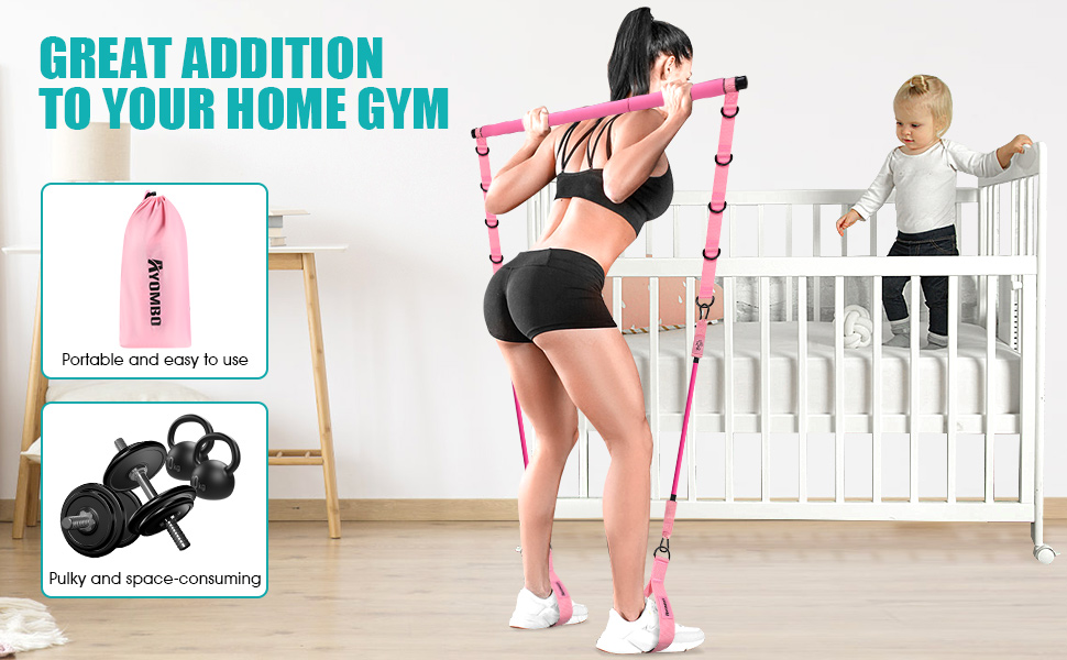 Kit de barra de pilates desmontable con bandas de resistencia ajustables de 30 y 40 libras para ejercicios de piernas y glúteos en casa.