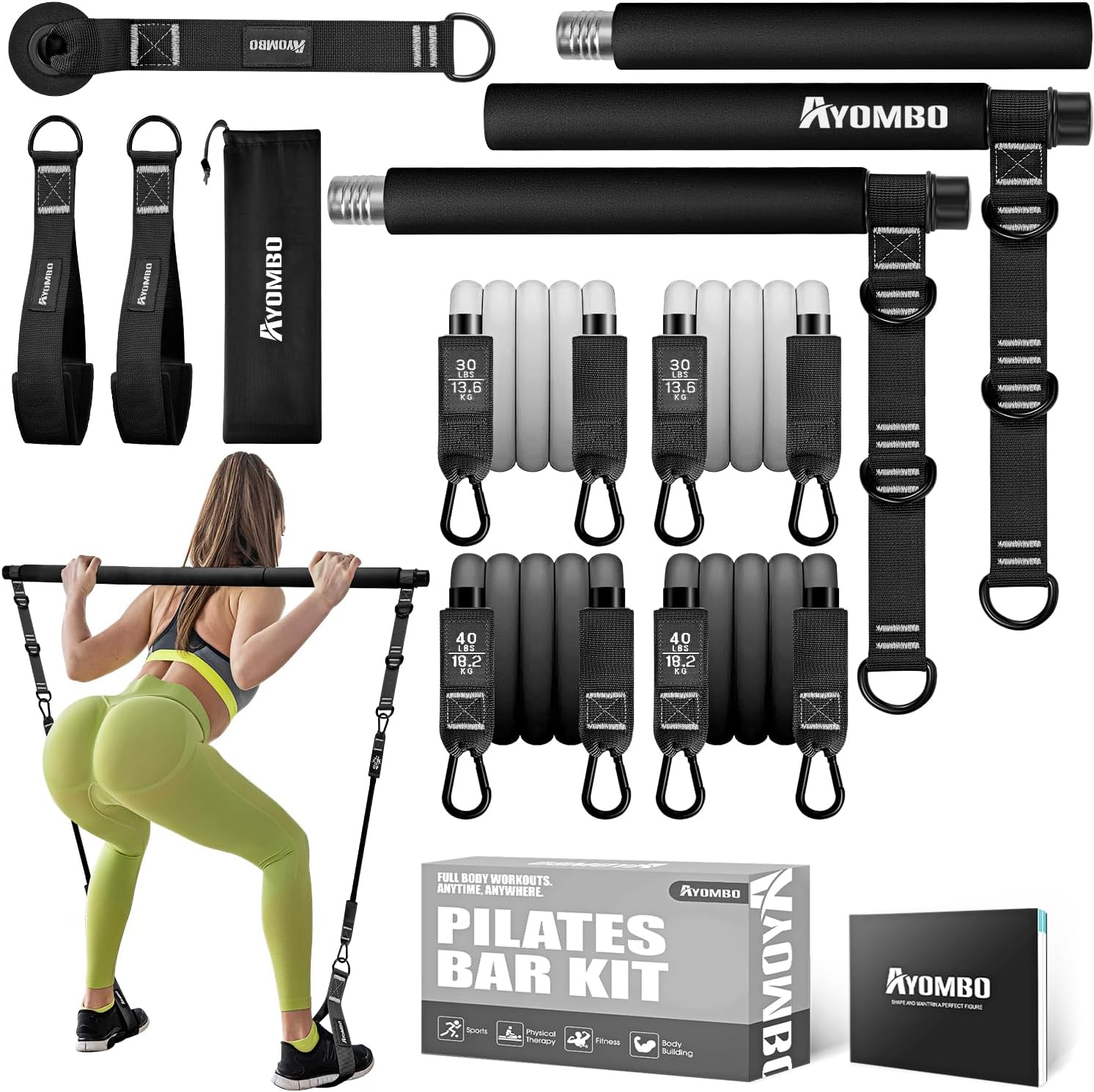 Kit de barra de pilates desmontable con bandas de resistencia ajustables de 30 y 40 libras para ejercicios de piernas y glúteos en casa.